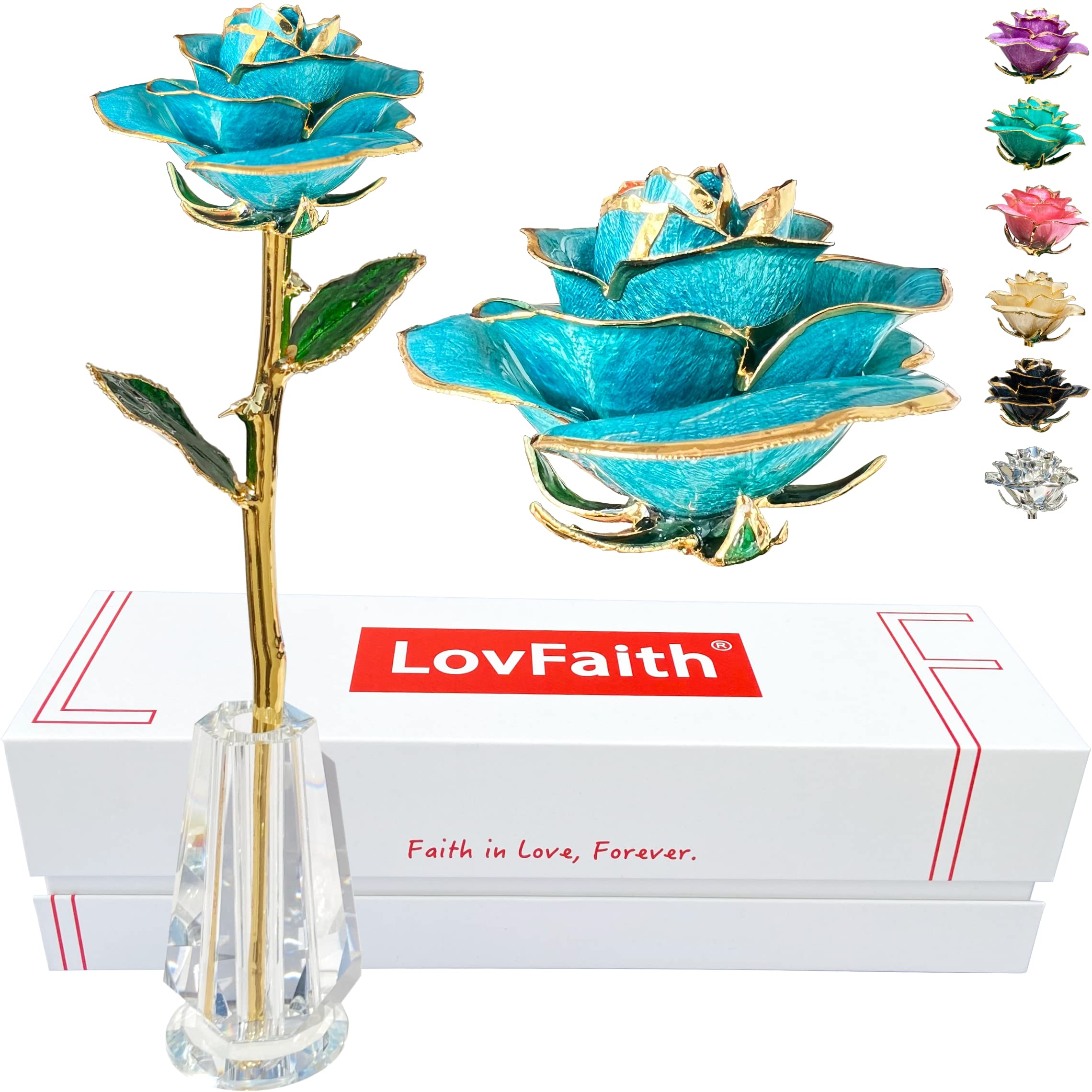 LovFaith Valentine Gift Real Rose Dipped 24K Gold with Crystal Stand, Best Anniversary Rose Gift for Her Wife Mother Birthday Christmas (C22. Light