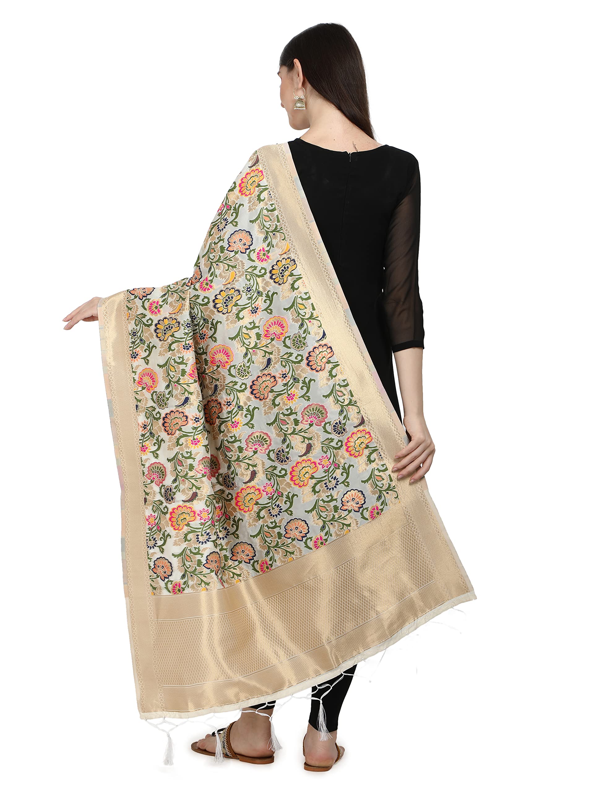 DEVANGI Women's Printed Banarasi Silk Dupatta Width 1 Meter, Length 2.5 Meter (OM-DT-11-WHITE) 3