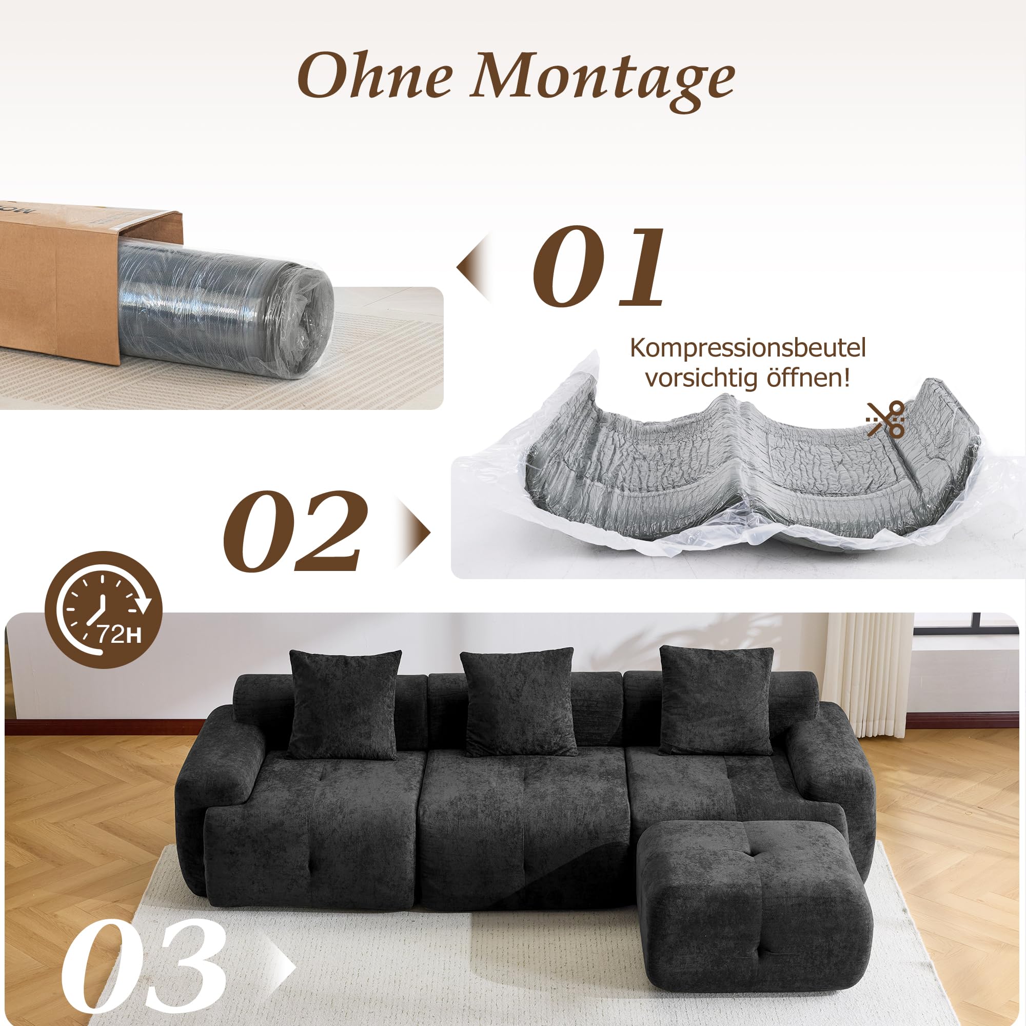 264cm L-förmiges modulares Boneless-Sofa, Ecksofa mit beweglicher Ottomane, tiefer Sitzfläche & Breiten Armlehnen, Cloud Couch ohne Montage für Wohnzimmer, Schlafzimmer (Schwarz)