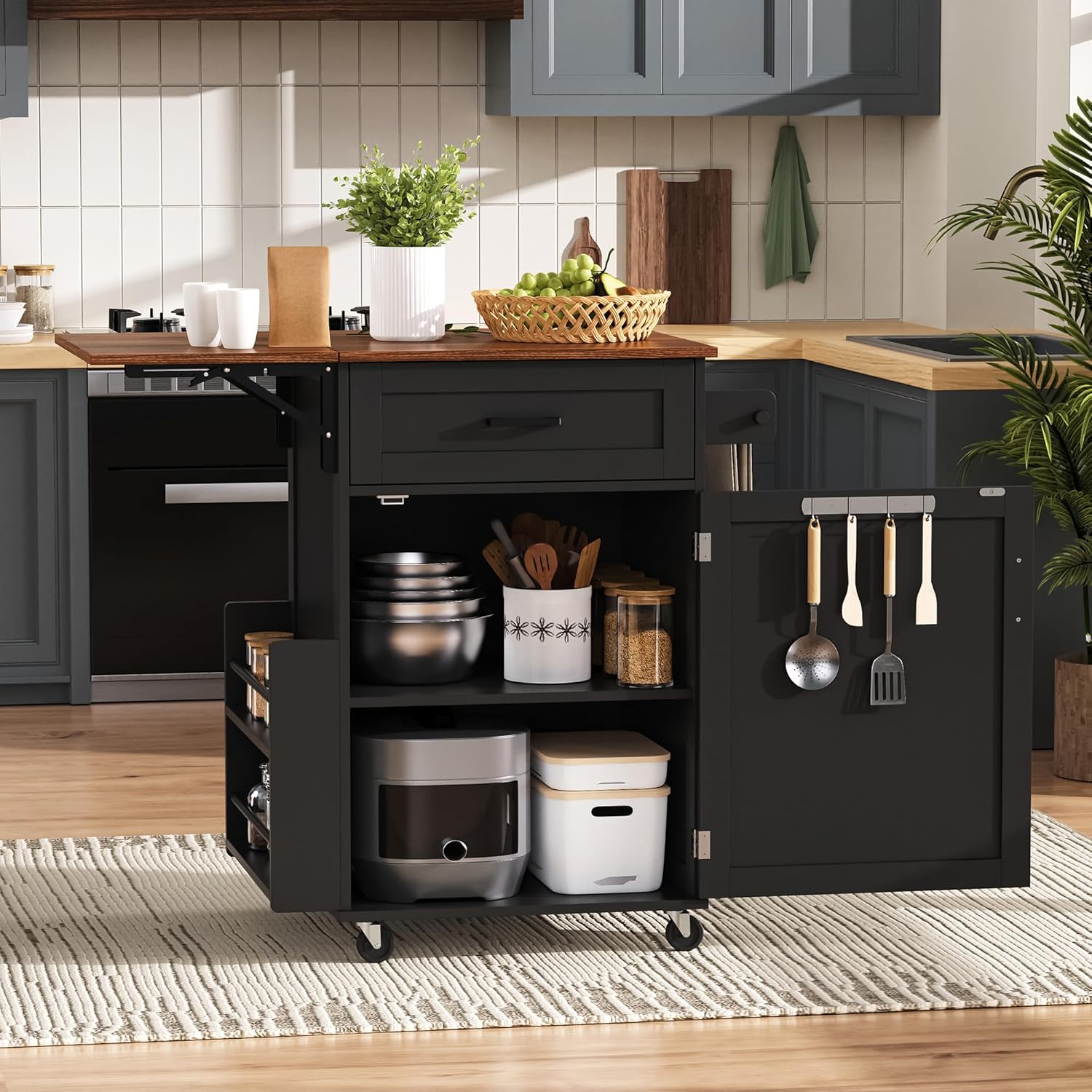 Kitchen Island with Storage, Rolling Kitchen Table on Wheels with Drop Leaf - Open Spice Rack&Towel Rack, Drawer, Cabinet, Adjustable&Removable Shelf, for Kitchen, Dinning Room, Black