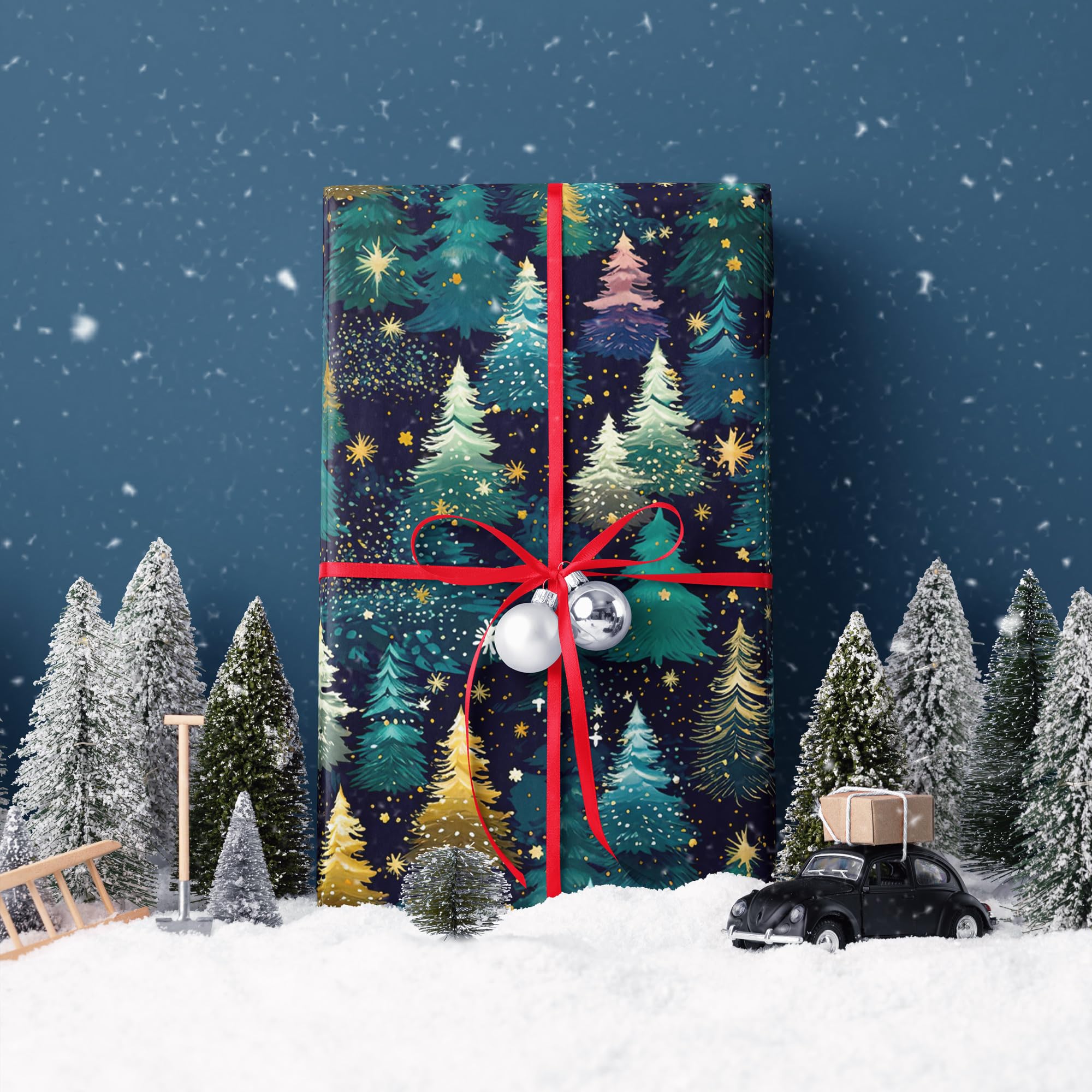 SaringSwoon Papel de regalo de árbol de Navidad para niños y adultos, papel de regalo de Navidad con cielo nocturno estrellado, diseños de árboles de Navidad y estrellas para vacaciones de invierno,