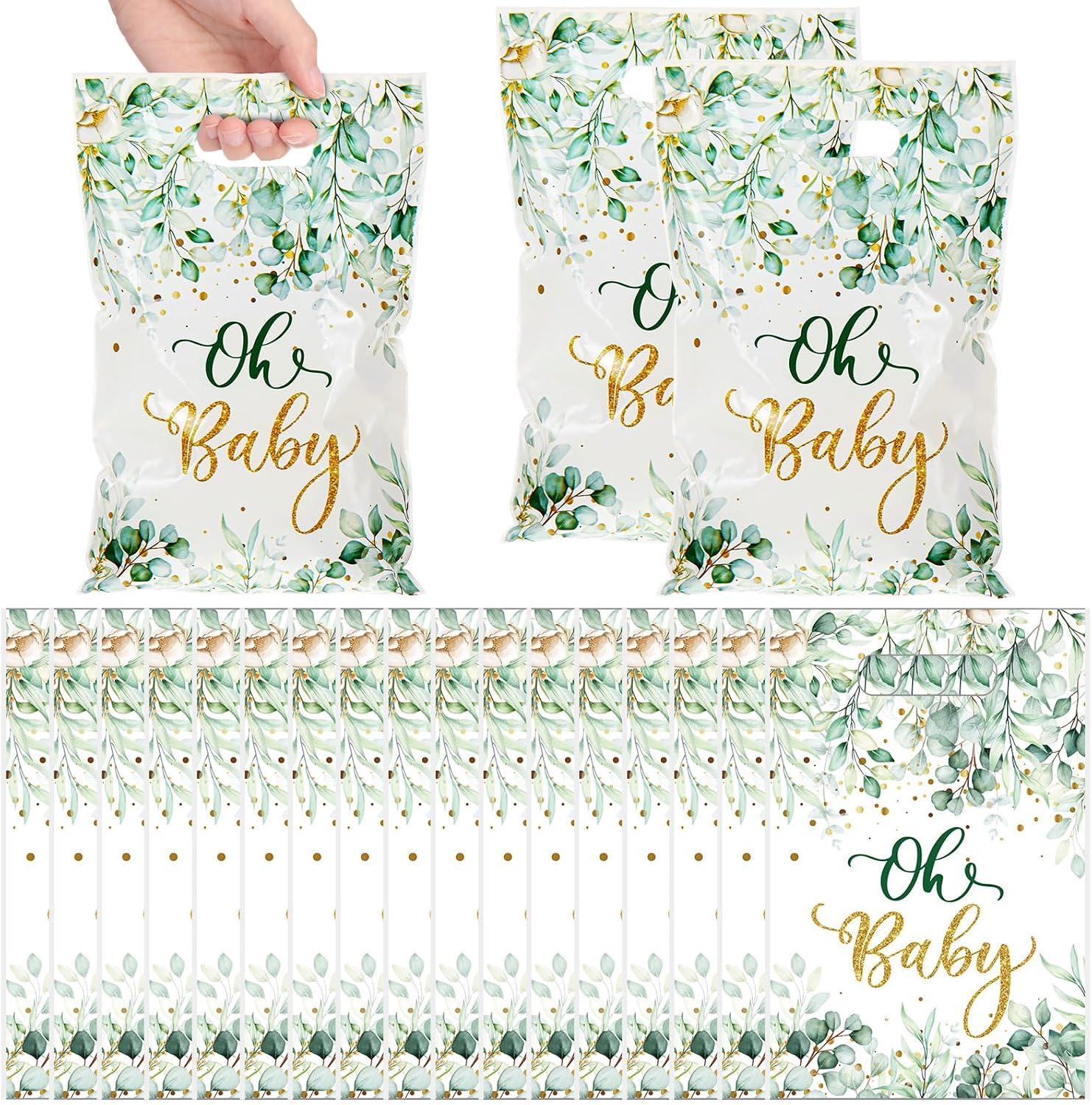 Bulyoou 50 Pcs Baby Shower Bags Plastic Sage Green Baby Shower Party Favors Candy Goodies Treat Gift Bags for Guest Greenery Birthday Gender Reveal Decor Supplies(Handheld)