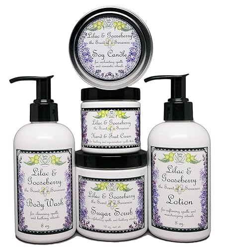 Juego de baño y cuerpo lila y grosella espinosa Loción, gel de baño, lata de velas, exfoliante y crema de manos y pies Productos de tamaño