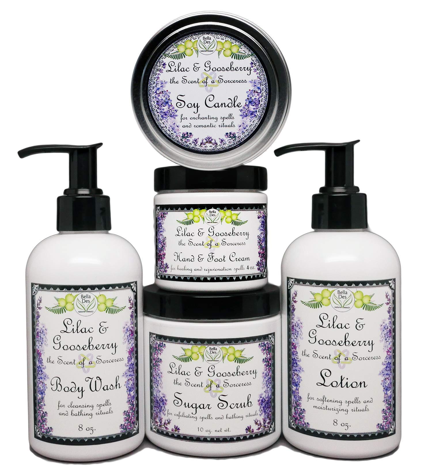 Lilac and Gooseberry Bath & Body Set | Lotion, Body Wash, Candle Tin, Scrub, and Hand & Foot Cream | Full Size Products | Yennefer Perfume Scent of a Sorceress by Bella Des Natural Beauty