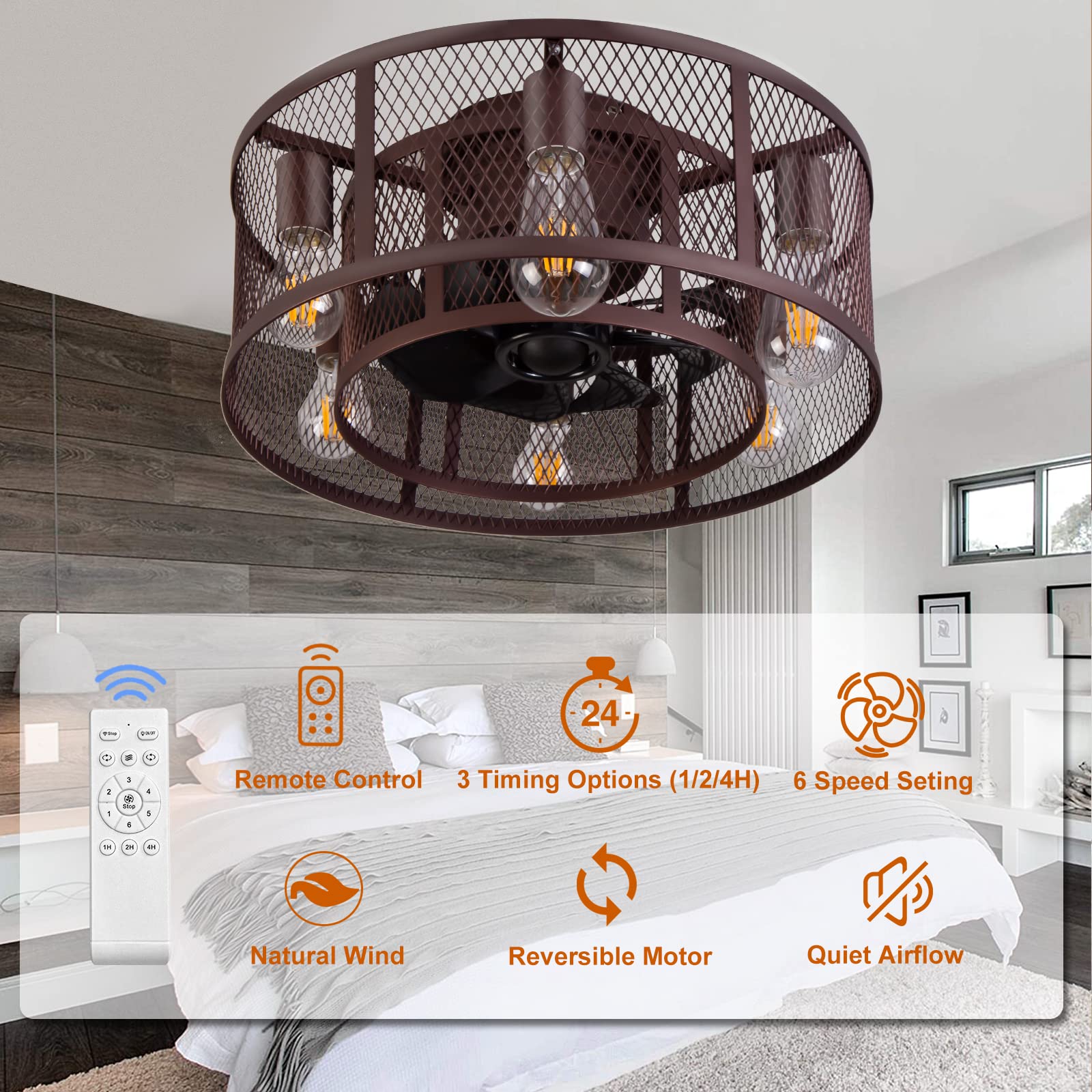 Ohniyou Cage Ceiling Fan with Light, 21 Inch Farmhouse Low Profile Ceiling Fan with Light Remote Control, Flush Mount Bladeless Ceiling Fan Lighting Fixture for Bedroom Living Room Kitchen Brown