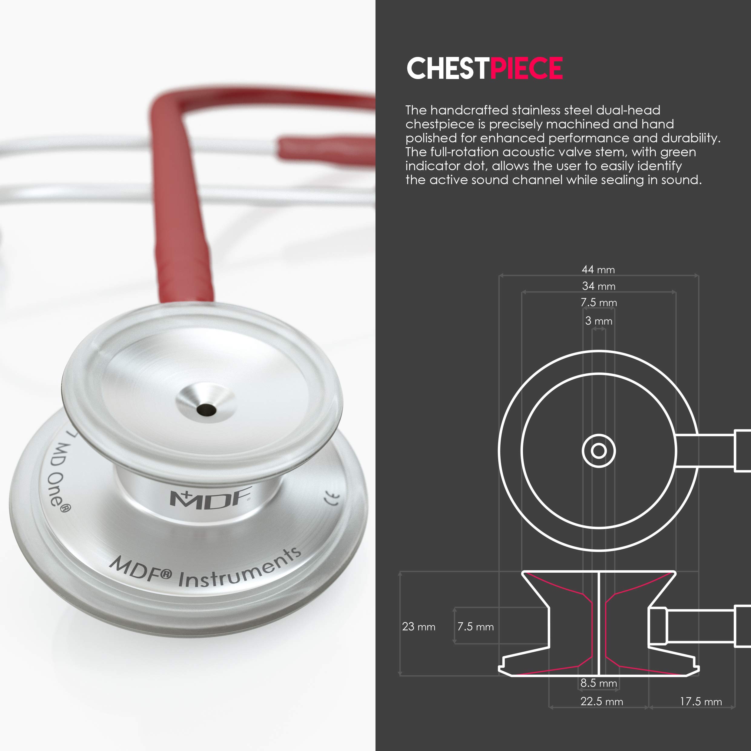 MDF Instruments MD One Estetoscopio doble cabeza de acero inoxidable - GarantÌa de por vida & Programa-piezas-gratuitas-de-por-vida MDF77717 (rojo vino)