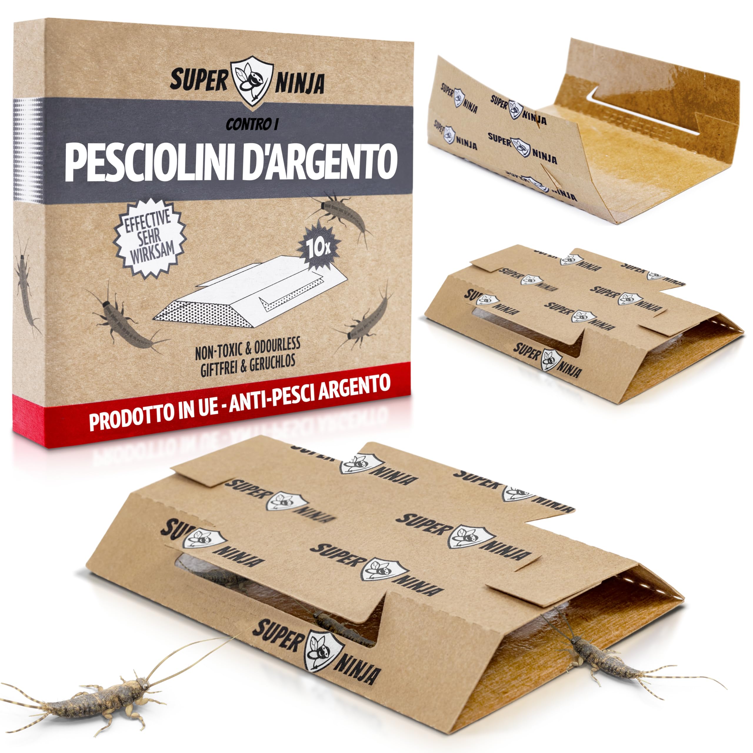 Super Ninja Trappola per Pesciolini d’Argento – 10 Pezzi, Trappole per Pesciolini d'argento, Adesive con Attrattivo Integrato, Inodori e Atossiche per Bagni, Cucine e Cantine – Efficaci fino a 3 Mesi