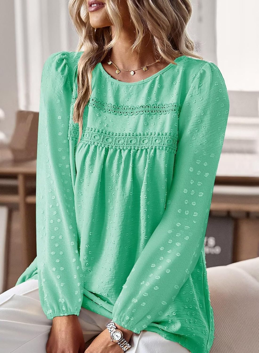 Boho Tops for Women Long Sleeve Shirts Crewneck Flowy Womens Blouses Dressy Casual Lace Hem Clothing Trendy 2026 - Image 2