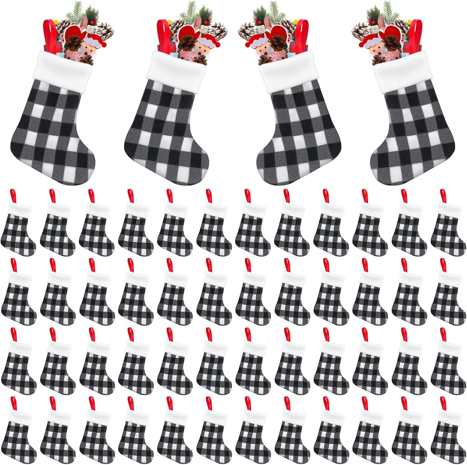 BBTO 60 Pcs 7" Mini Christmas Stockings Buffalo Plaid with Plush Cuff Small Hanging Xmas Ornaments Black White Classic Stockings Decor for Xmas Tree Fireplace Holiday Dinner Table