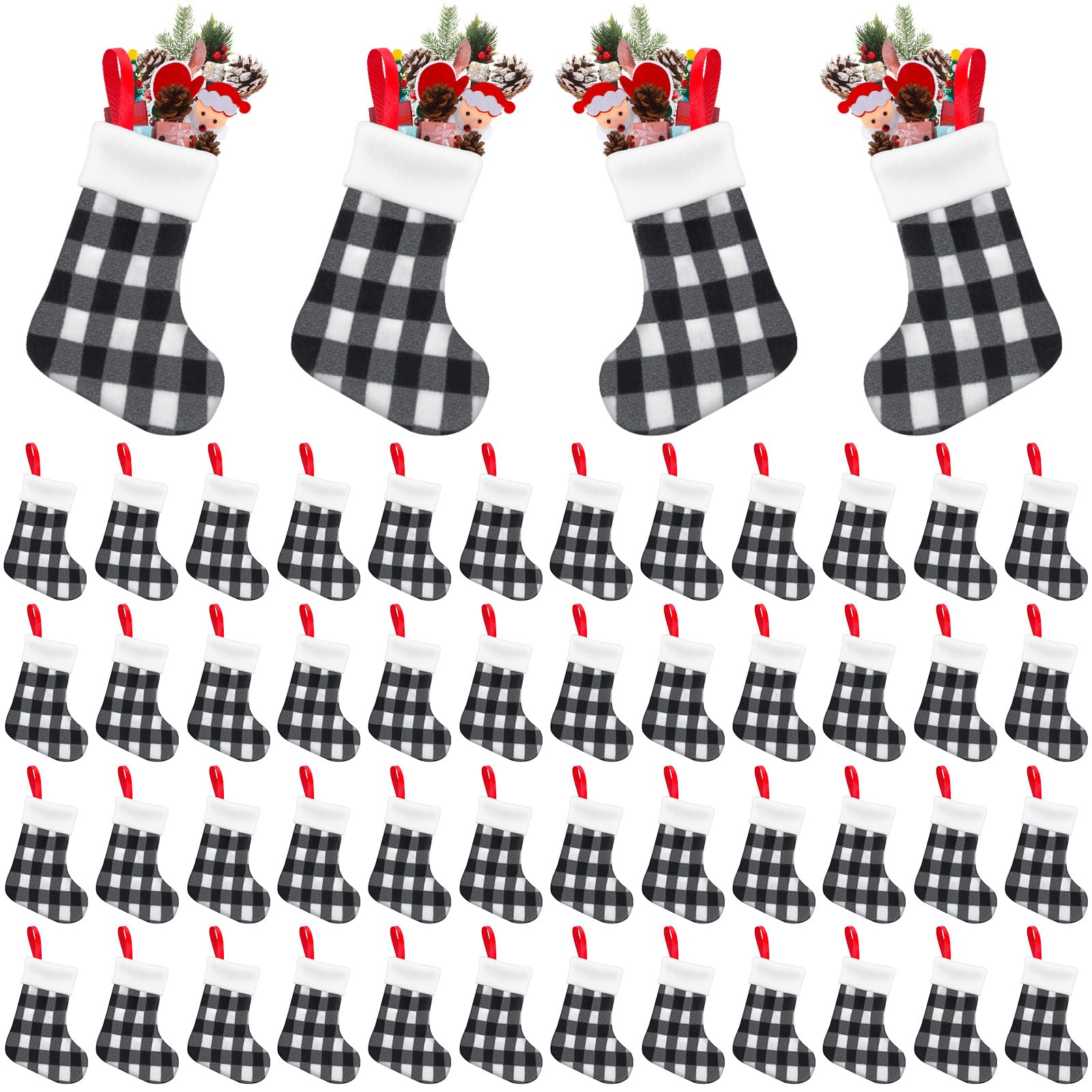 Lot de 60 mini chaussettes de Noël en peluche à carreaux de buffle - Décoration de Noël classique pour la maison, la fête, la cheminée