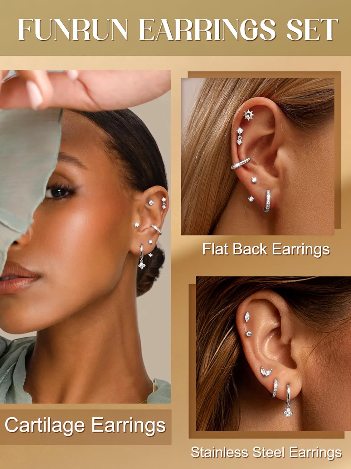 FUNRUN JEWELRY Hypoallergenic Flat Back Earrings for Women-14k Gold Plated Stainless Steel Helix & Cartilage Earrings Stacks,Dainty Hoop Stud Flatback Earring Sets for Multiple Piercing - Image 4