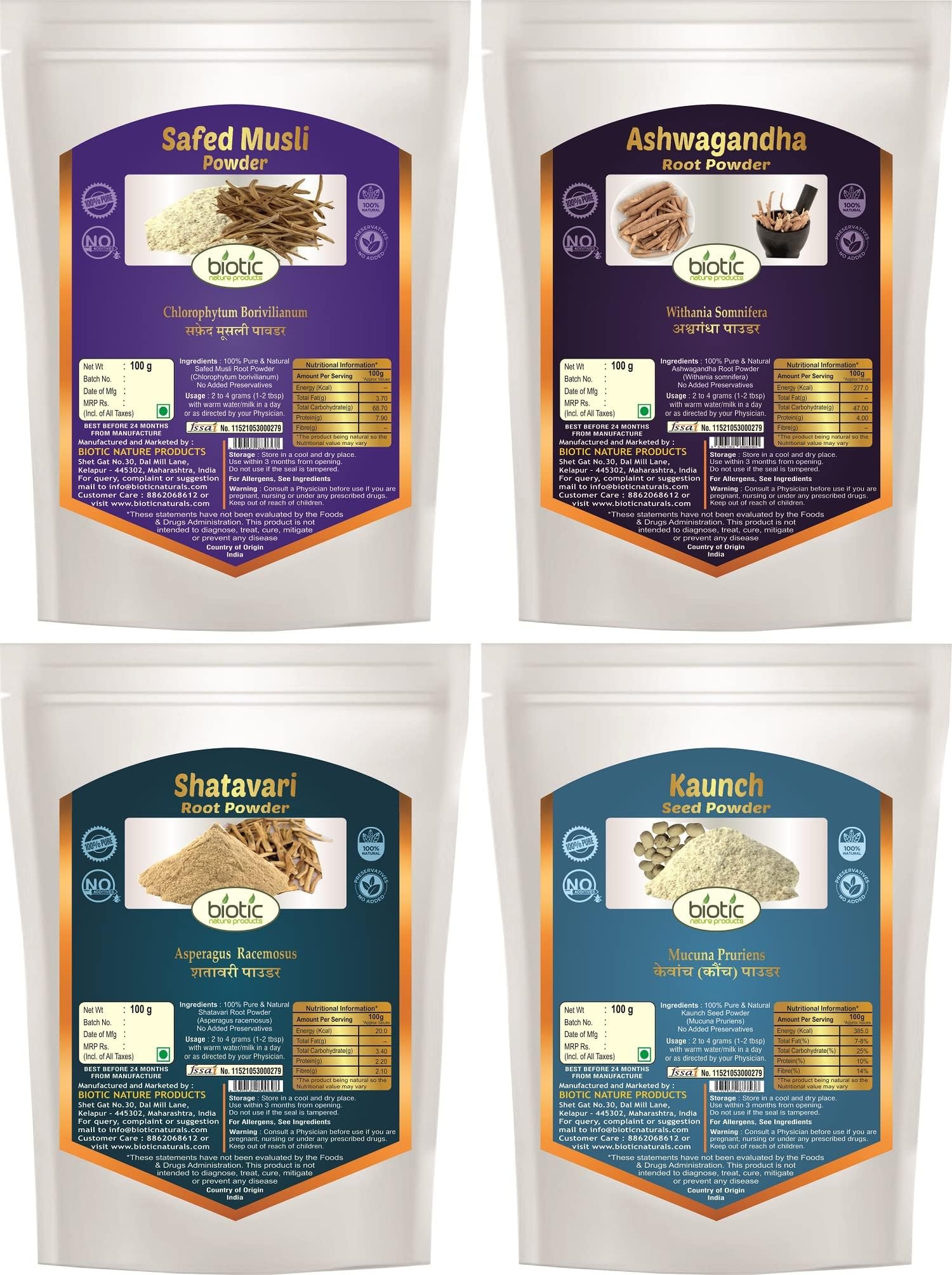 Biotic Natural Safed Musli, Ashwagandha, Shatavari and Kaunch Beej Powder - 400gms Combo (100gm each)