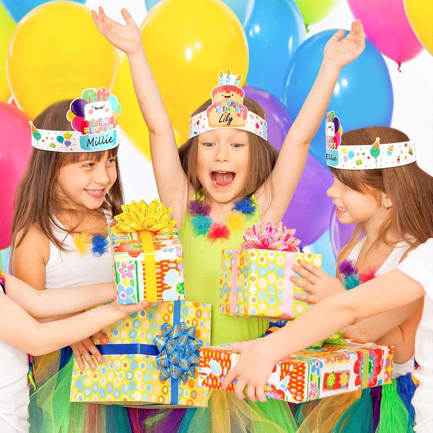 48 Pcs Happy Birthday Crowns Hats for Kids Birthday Party Decorations Paper Crowns Hats With Adjustable Card Slot for Girls Boys Classroom School Family Gifts Party Supplies