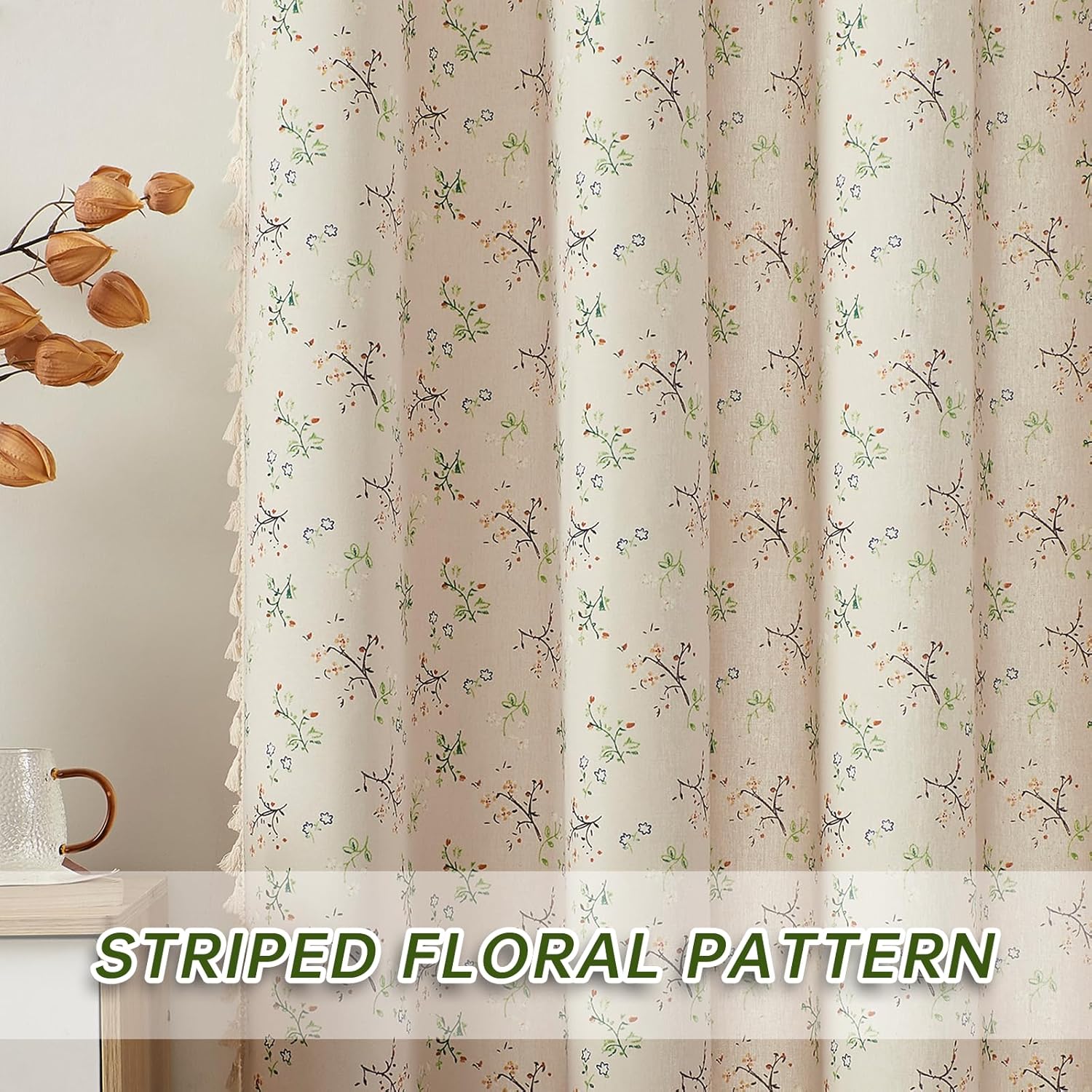 Boho Floral Curtains 2 Panels 84 Inch Long,Linen Blend Farmhouse Bedroom Living Room Curtains Grommet Tassels,Cute Wildflower Beige Drapes with Green Orange Pattern,Privacy Light Filtering