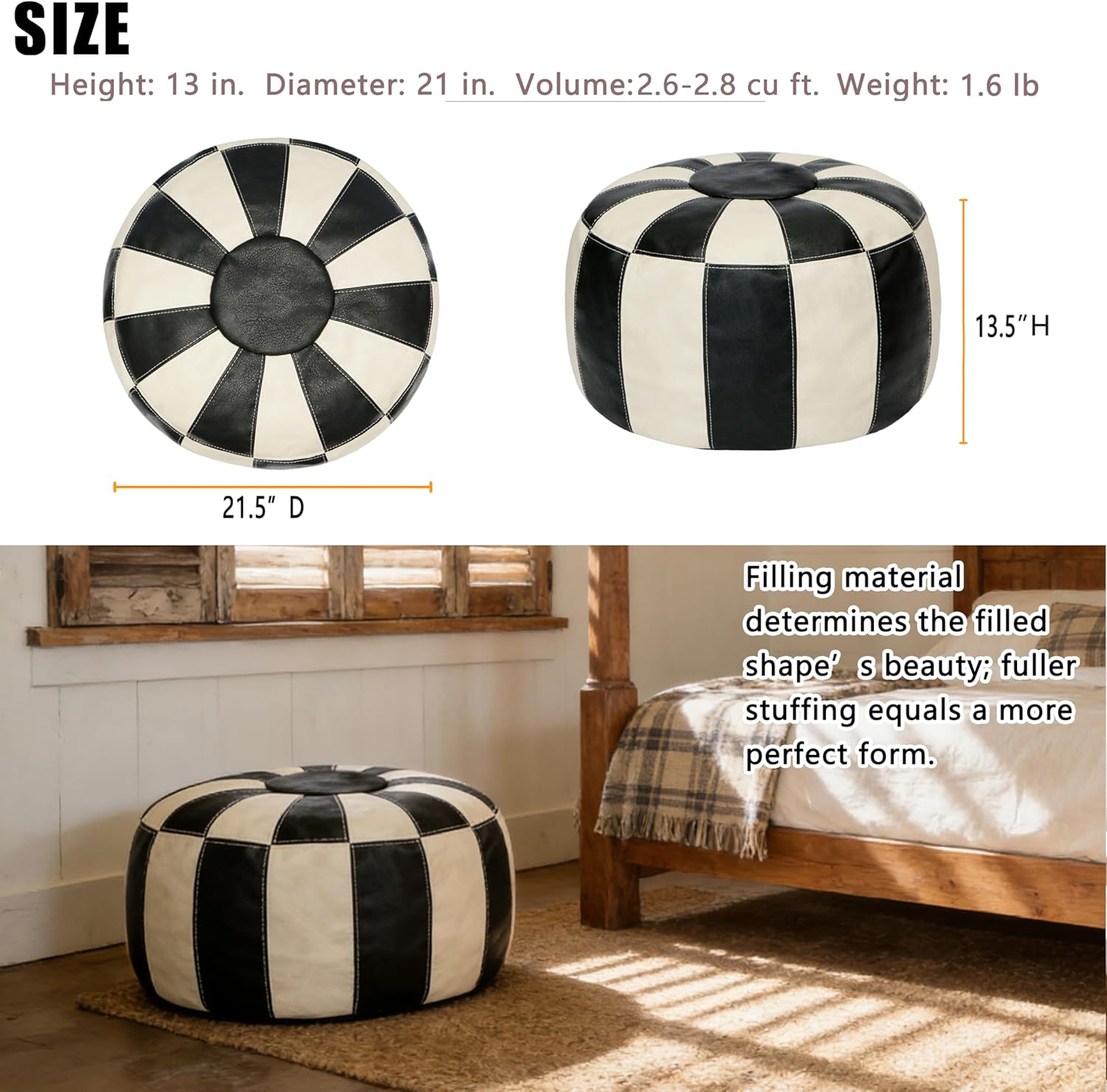 Thgonwid Unstuffed Moroccan Ottoman Pouf Cover, Ottoman Footstool Storage Solution, Bean Bag Chair, Foot Rest, Multi-Black&White