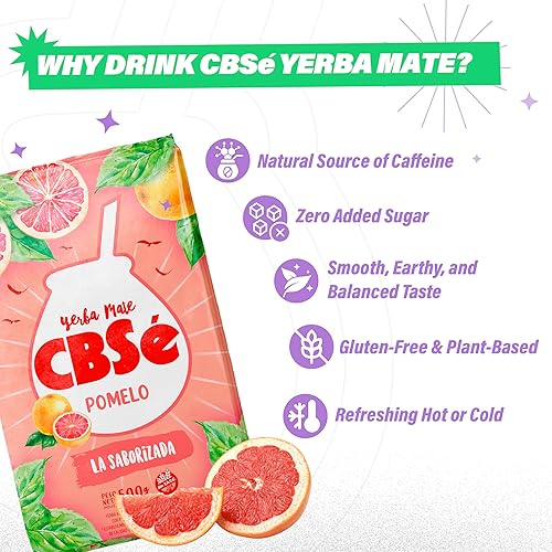 Miniatura 4 de CBSé Yerba Mate Pomelo (pomelo) - Té de yerba mate con sabor a hojas sueltas, 500 g (1.1 lb), con cafeína natural, sin gluten.