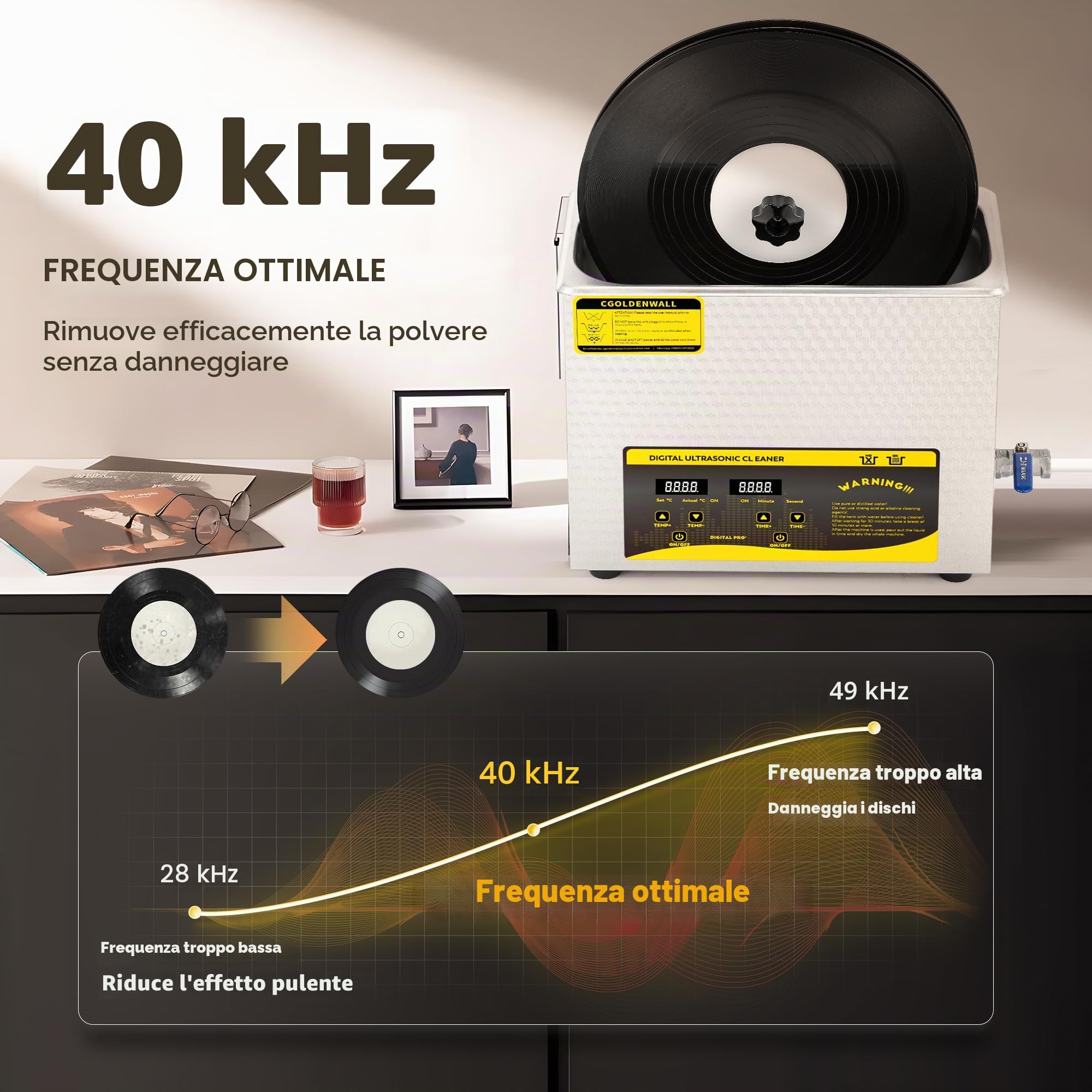 Pulitore di Dischi ad Ultrasuoni 180W 6L 0-30 Minuti Timer Digitale e Rotazione Automatica per Dischi da 7/10/12" Nessun Danno alla Superficie del Disco (Supporto di Asciugatura e Cestello inclusi)