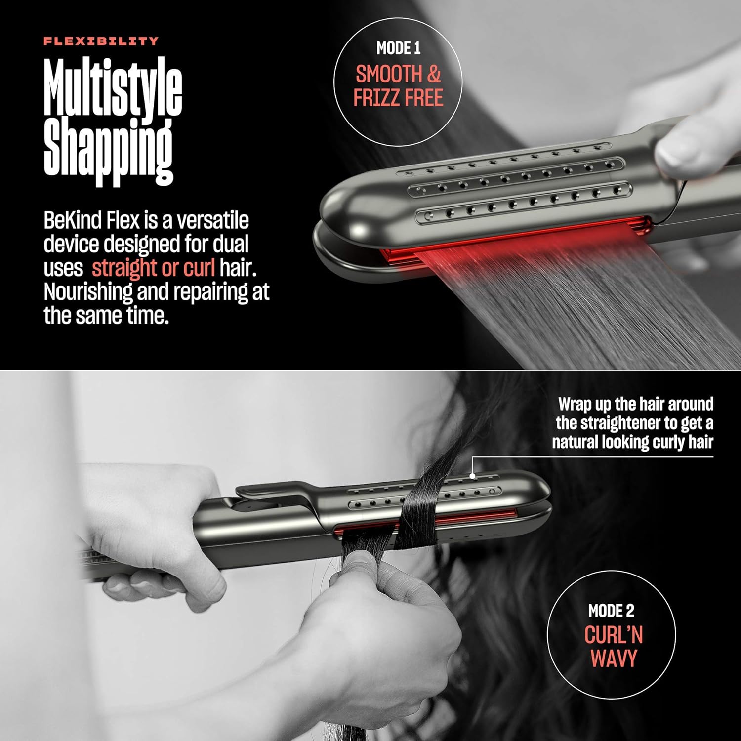 BeKind Flex 2-IN-1 360° Hair Styler Flat Iron, Hair Straightener and Curler for All Styles, Floating Plates Design, AirFlex Lower Temp for Better Styling, Gift For Girls And Women : Beauty & Personal Care