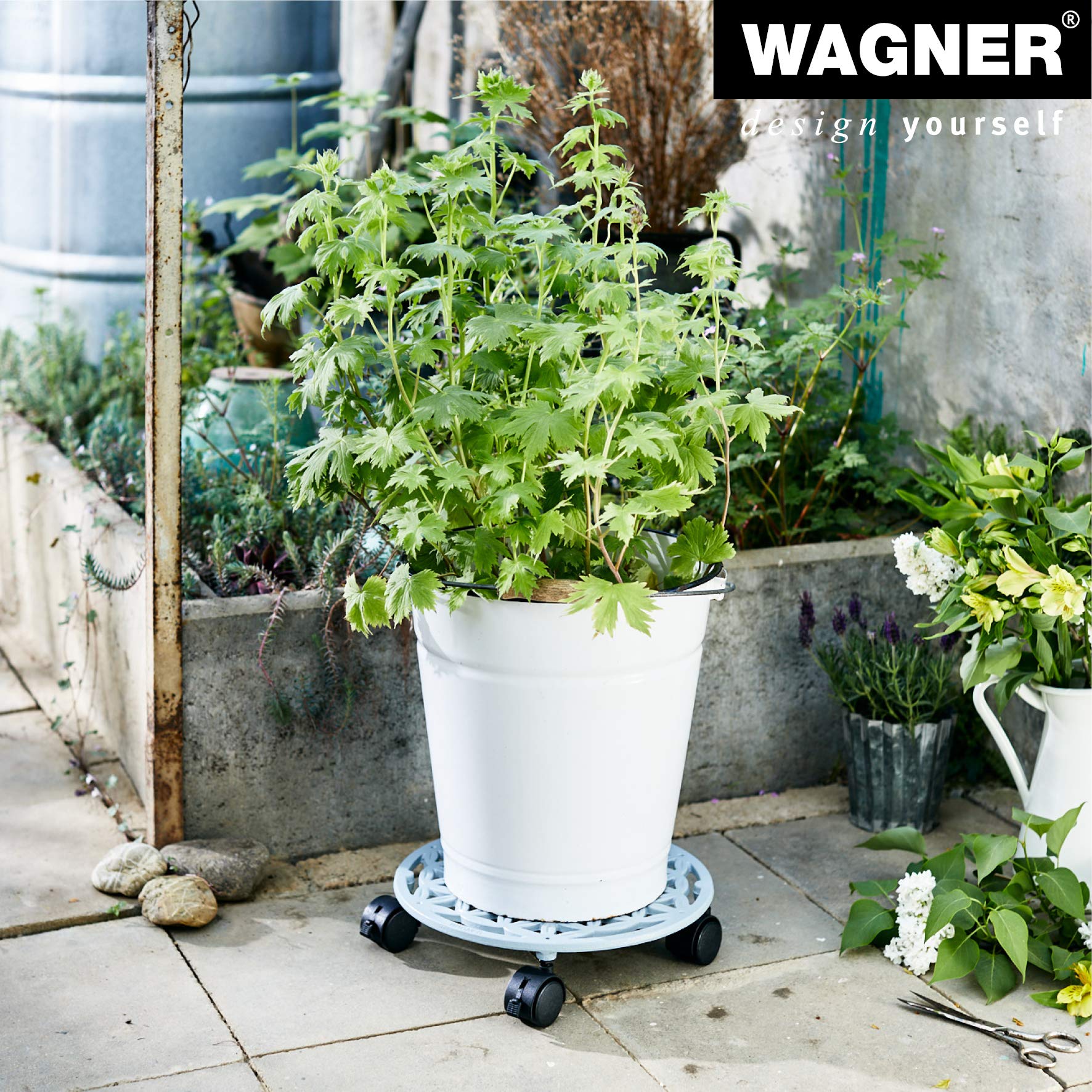 WAGNER Support à roulettes pour pot de fleur FLEUR DE VIE Ø 29 x 6,5 cm I Pour l'intérieur + l'extérieur I Roule pot en fonte, blanc papyrus I 2 freins I Capacité de charge 50 kg- 20091901
