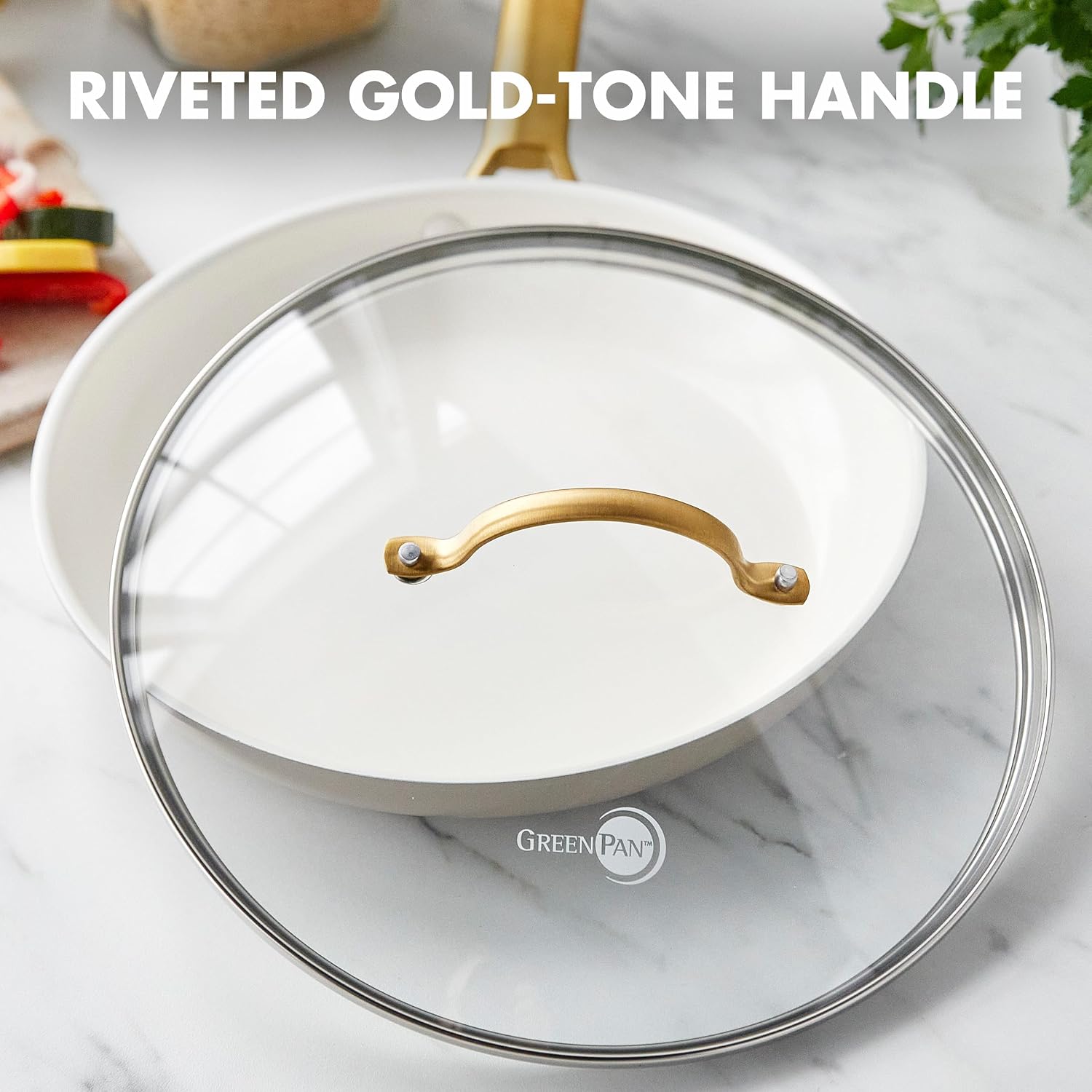 GreenPan 10" Tempered Glass Lid for Pots and Pans Cookware, Gold-Tone Handle with Matte Finish, Dishwasher and Oven Safe