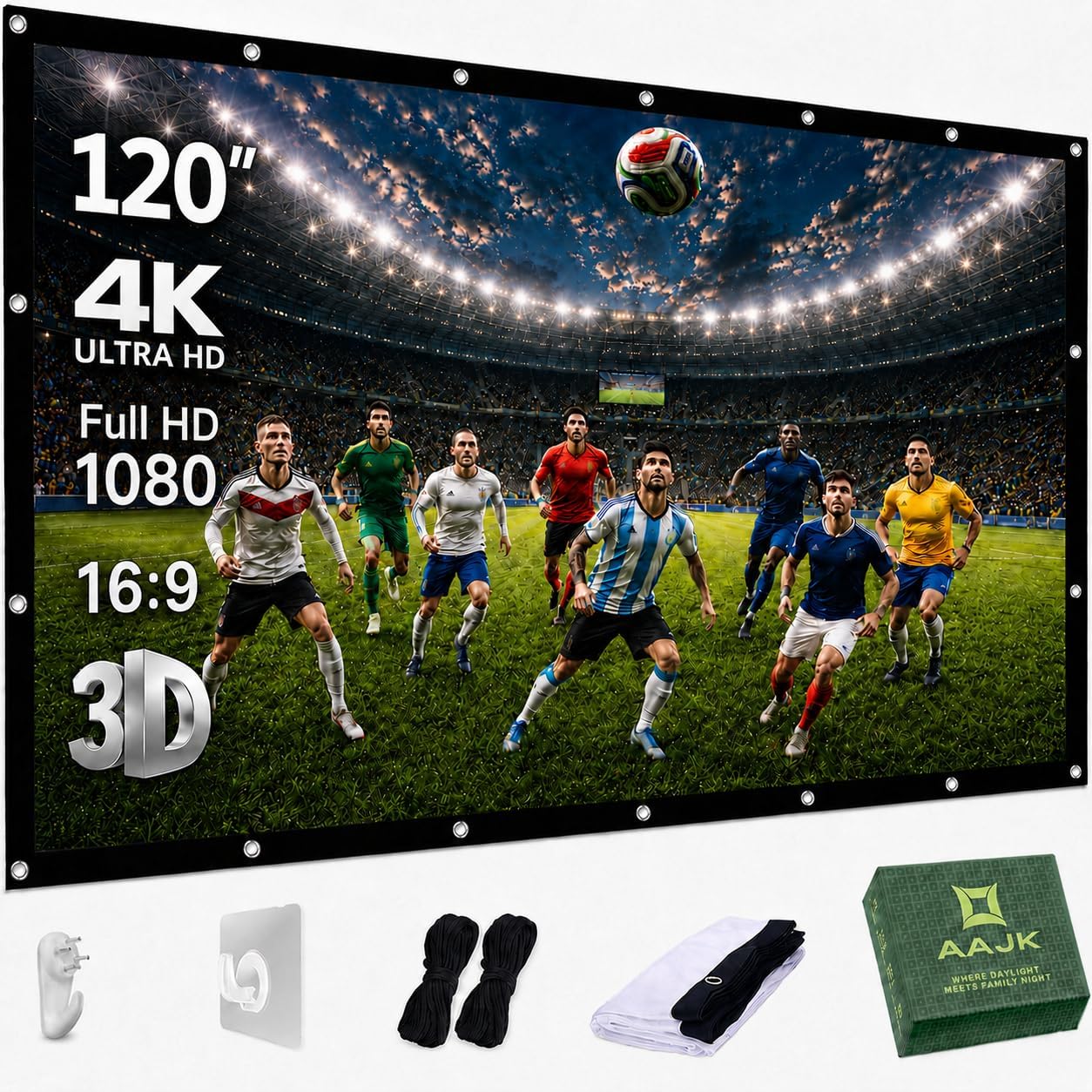 AAJK Outdoor Projector Screen 120 inch, Washable Projector Screen 16:9 Foldable Anti-Crease Portable Projector Movies Screen for Home Theater Outdoor Indoor Support Double Sided Projection