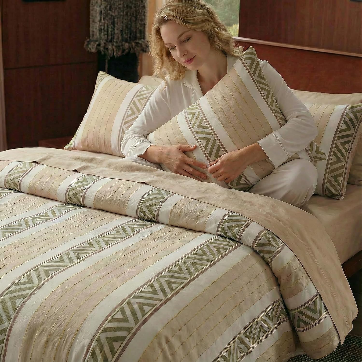 100% Cotton Tufted Duvet Cover Set Queen Size, Neutral Geometric Striped Bedding Set, Soft Breathable Natural Cotton, Boho Farmhouse Style Comforter Cover with Zipper Closure