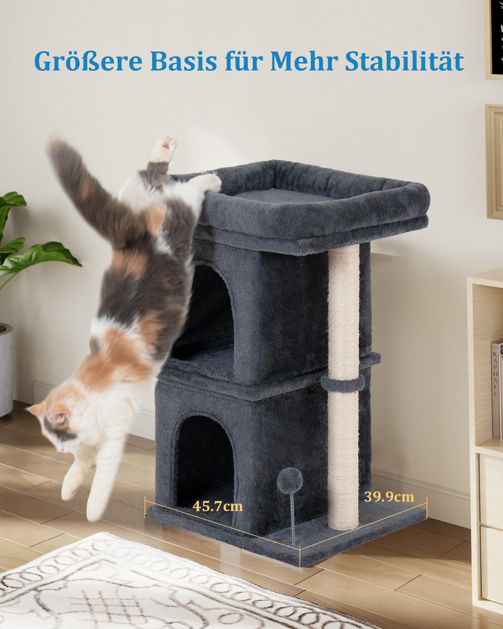 Aechonow 61cm Kratzbaum für Große Katzen Stabil, 2 Katzenhöhle fur Indoor Klein Katzen, Katzenbaum mit Große Liegefläche(48 x 40cm), 61cm Hohe Katzentonne Klein, Dunkel Grau