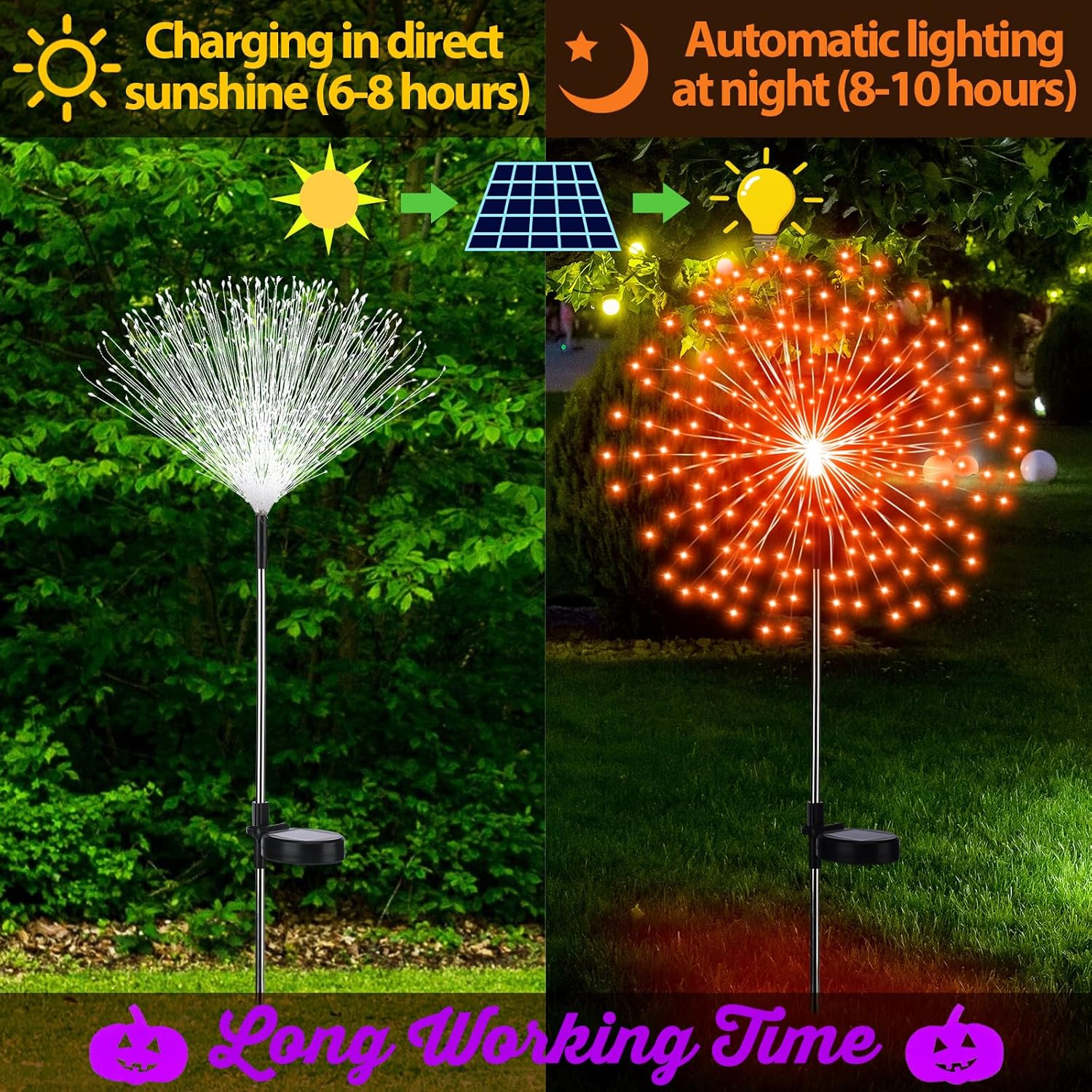 Tujoe 4 Pcs Halloween Solar Lights Solar Firework Lights 180 LED 8 Modes Outdoor Waterproof LED Stake Sparkler Christmas Decoration for Driveway Pathway Garden Patio Walkway Yard Lawn(Orange, Purple)