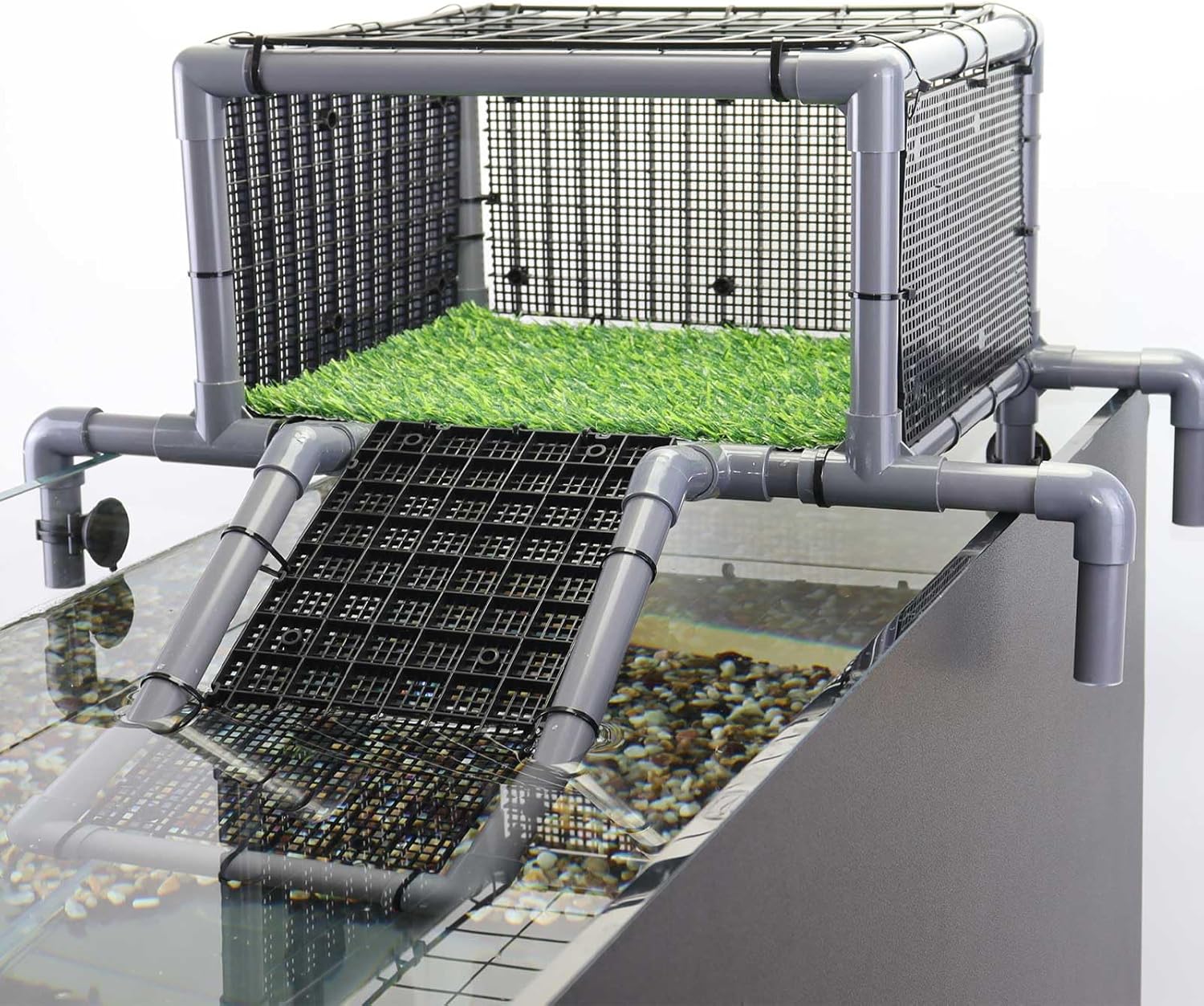 Extra Large Turtle Basking Platform, RES Basking Dock, Above Tank Dry Resting Area with Artificial Grass, Non-Slip Aquatic Turtles Ramp, Turtle Accessories for 75/90/125 Gal