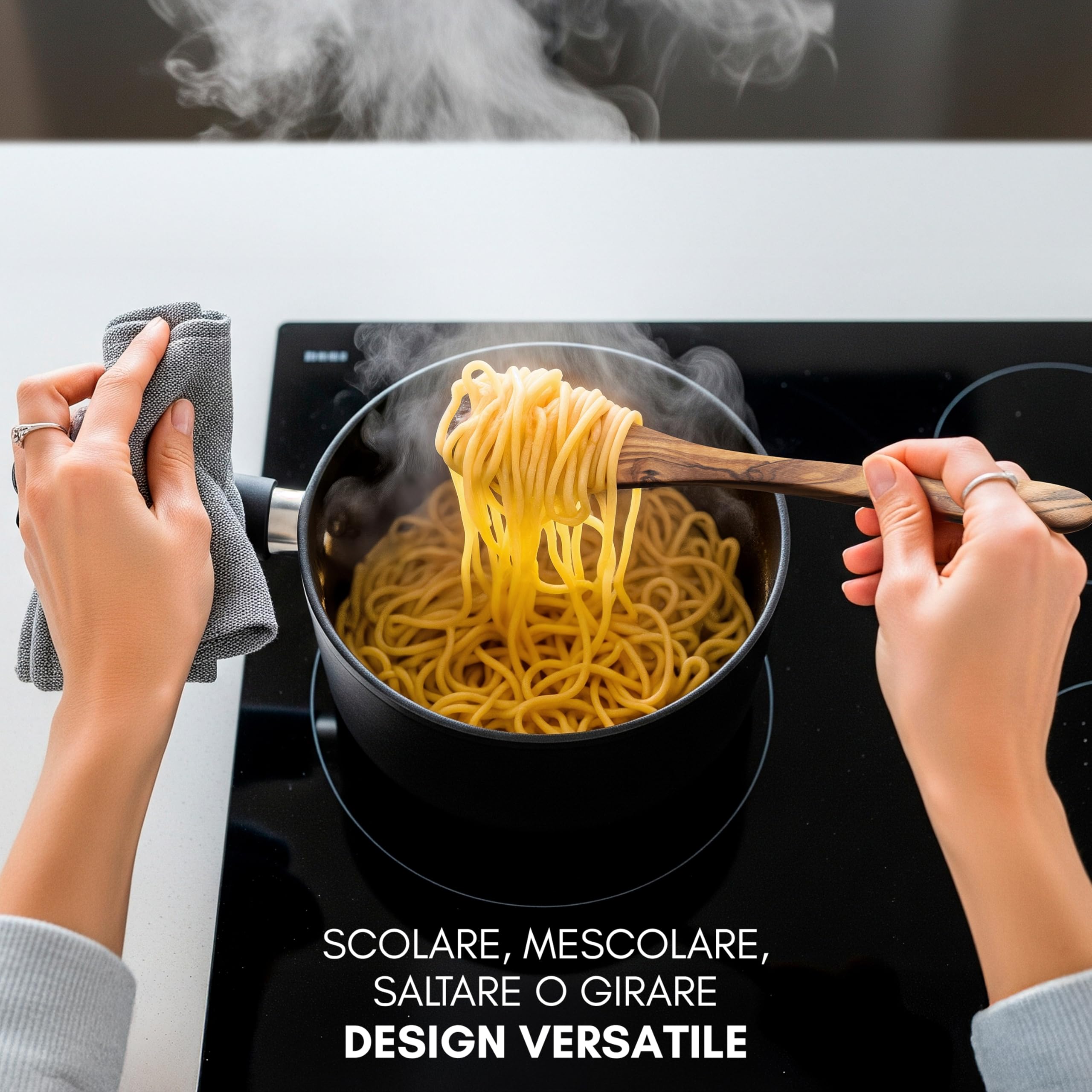 Erreke Set Utensili Cucina Legno, Realizzati a Mano in Ulivo Mediterraneo, Set Mestoli Cucina Legno, Cucchiaio, Spatola, Mensolo, Resistenti al Calore e Durevoli, 4 Pezzi