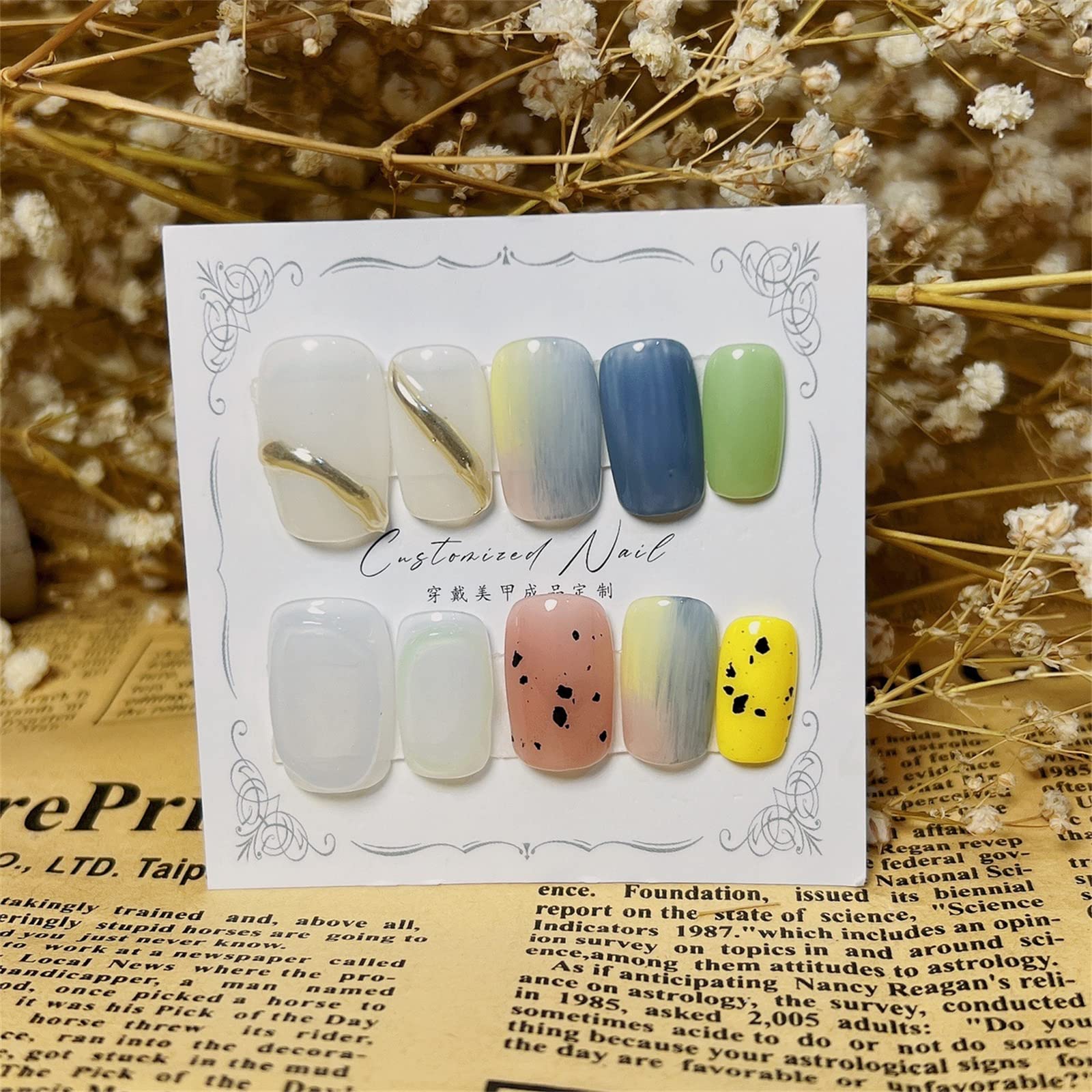 AKAZI Unghie a Pressione, 10 Pezzi di Manicure indossabili, Unghie finte Fatte a Mano, Set di Unghie finte Artificiali riutilizzabili per Donne e Ragazze (L, F) (GM)