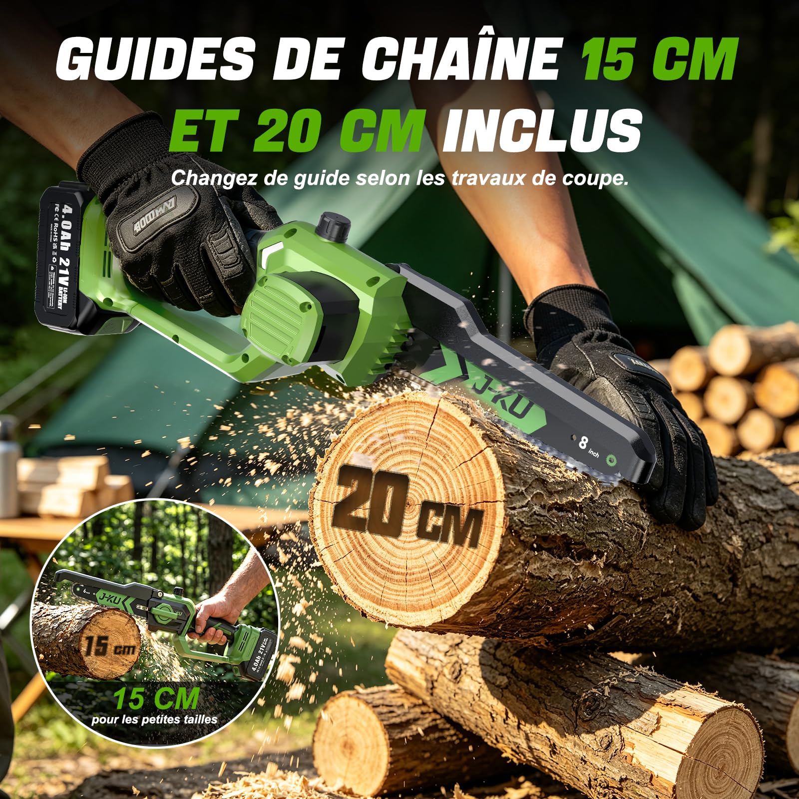 J-KU Podadora de Altura 4 en 1 a Batería, Mini Motosierra 20 cm (8") y Tijeras de Podar Eléctricas 35 mm, Pértiga Telescópica hasta 2,6 m, 2×4000 mAh, Herramientas de Jardín