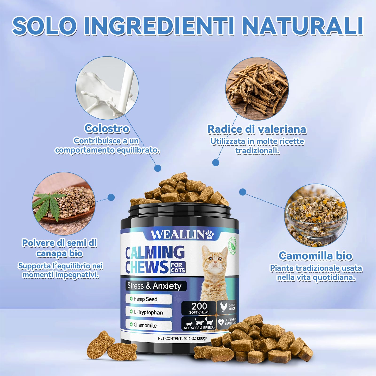 WEALLIN Calmante per Gatti, 200 Snack Naturali per Rilassatezza, Aiuta Contro Agitazione, Separazione, Visite Veterinarie, Viaggi, Suoni Forti, Gusto Pollo per Tutte Le Razze e Dimensioni