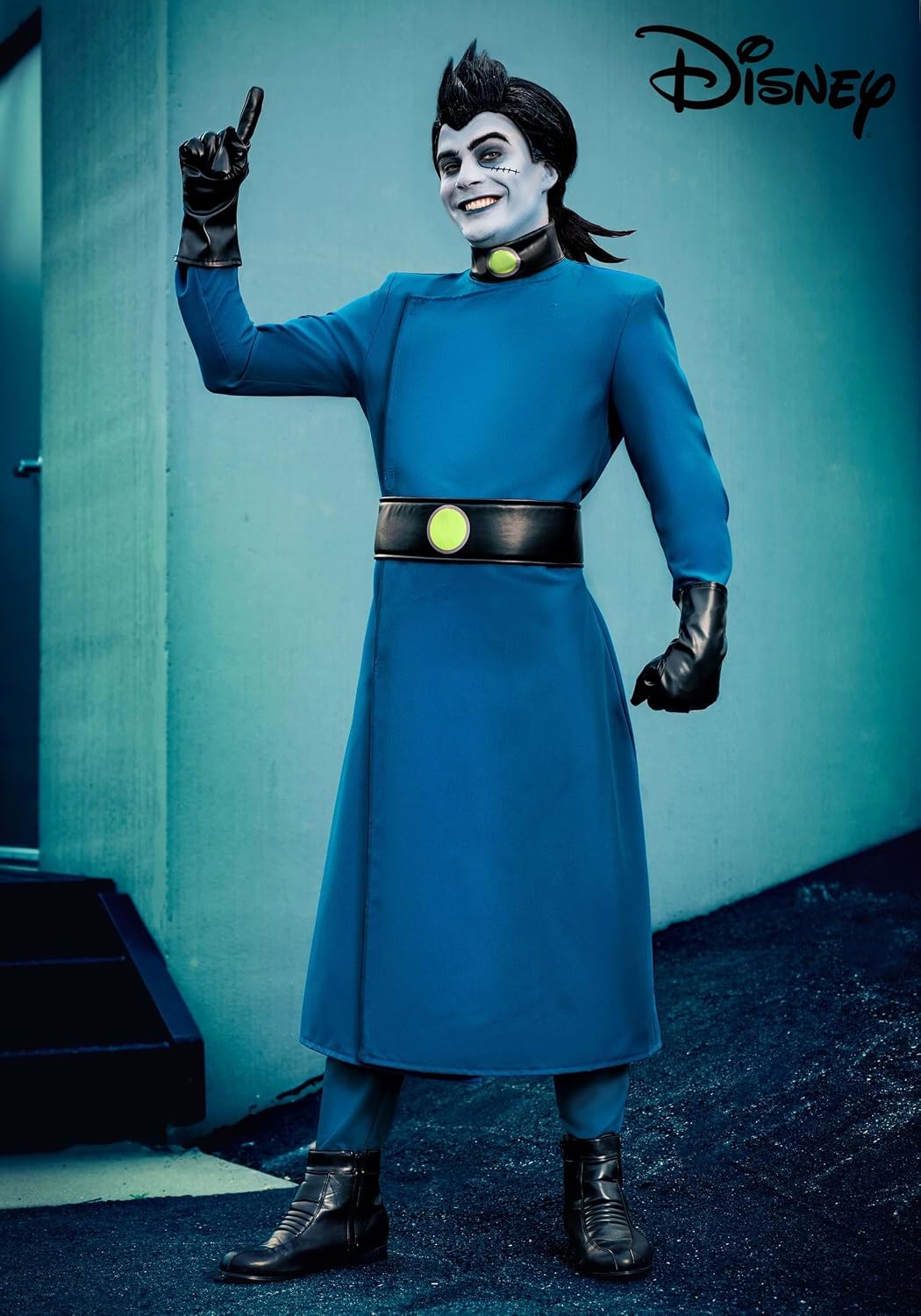 Adult Dr. Drakken Costume | Disney Kim Possible Villain Men's Outfit with Blue Overcoat, Belt, Collar, Gloves, & Wig