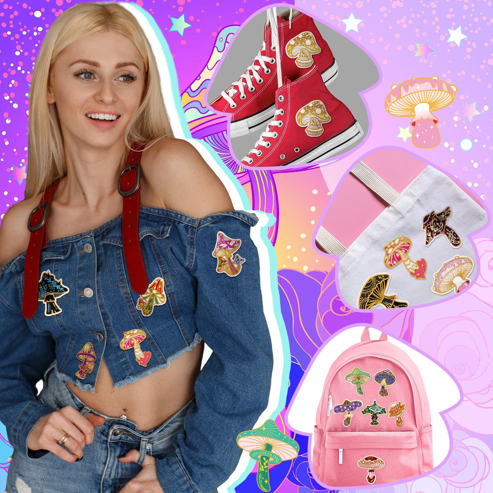 Thiccywoov 60 parches de hongos para planchar para ropa, mini parches bordados de hongos para planchar o coser, para chaquetas, jeans, mochilas, sombreros, vestidos, pantalones, zapatos, decoración de