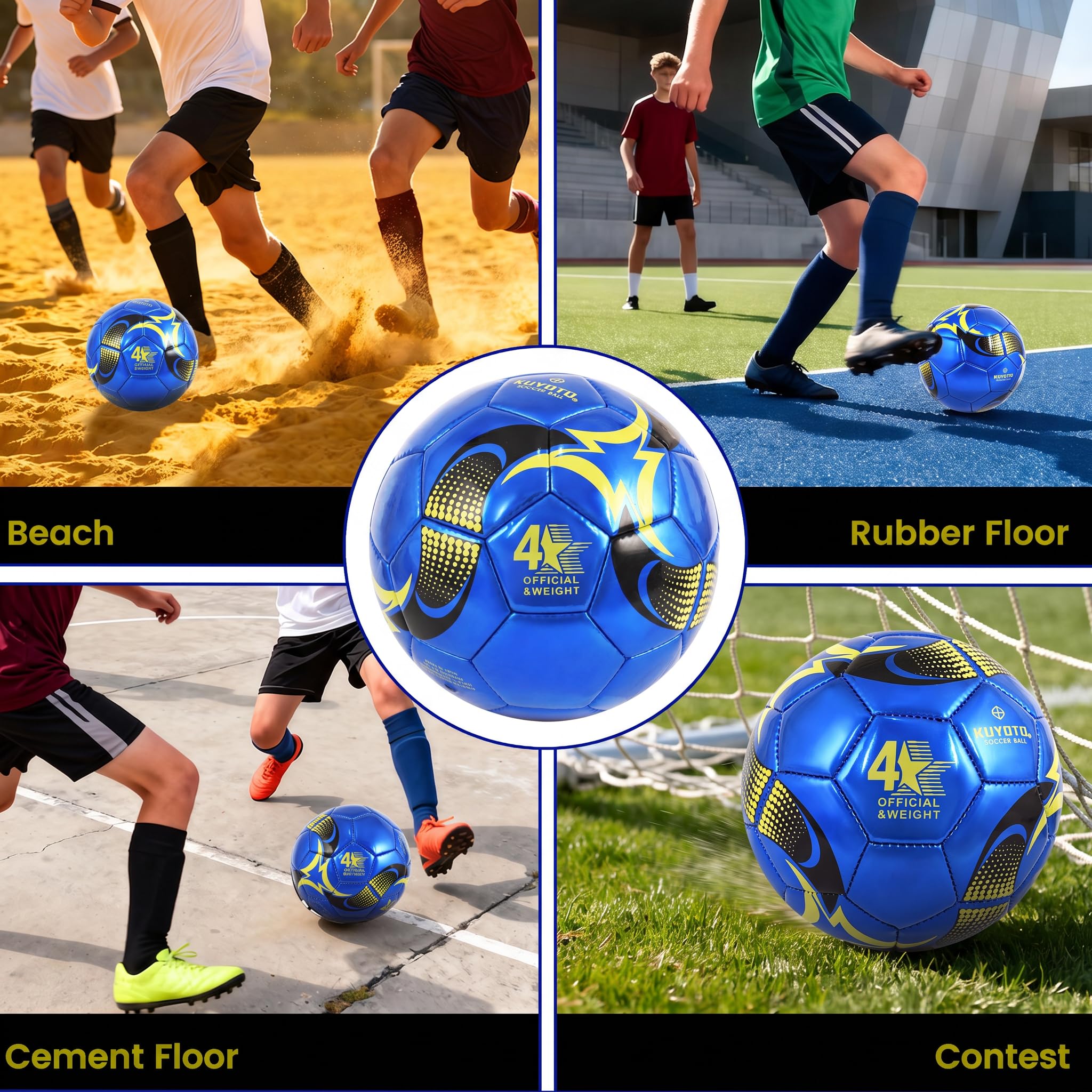KUYOTQ Kinder-Fußball, Größe 4, blau-goldfarben, glänzendes TPU-Leder, Spiel- und Trainingsball für Kinder und Jugendliche, professionelle Konstruktion für dauerhaften Einsatz im und Außenbereich mit