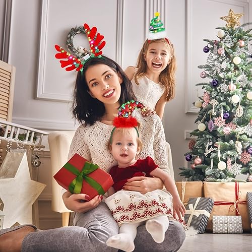 Miniatura 6 de Aneco Paquete de 6 diademas LED de Navidad, surtido de bastones de caramelo para árbol de Navidad, sombreros de elfo, cuernos, disfraz de cuerno,