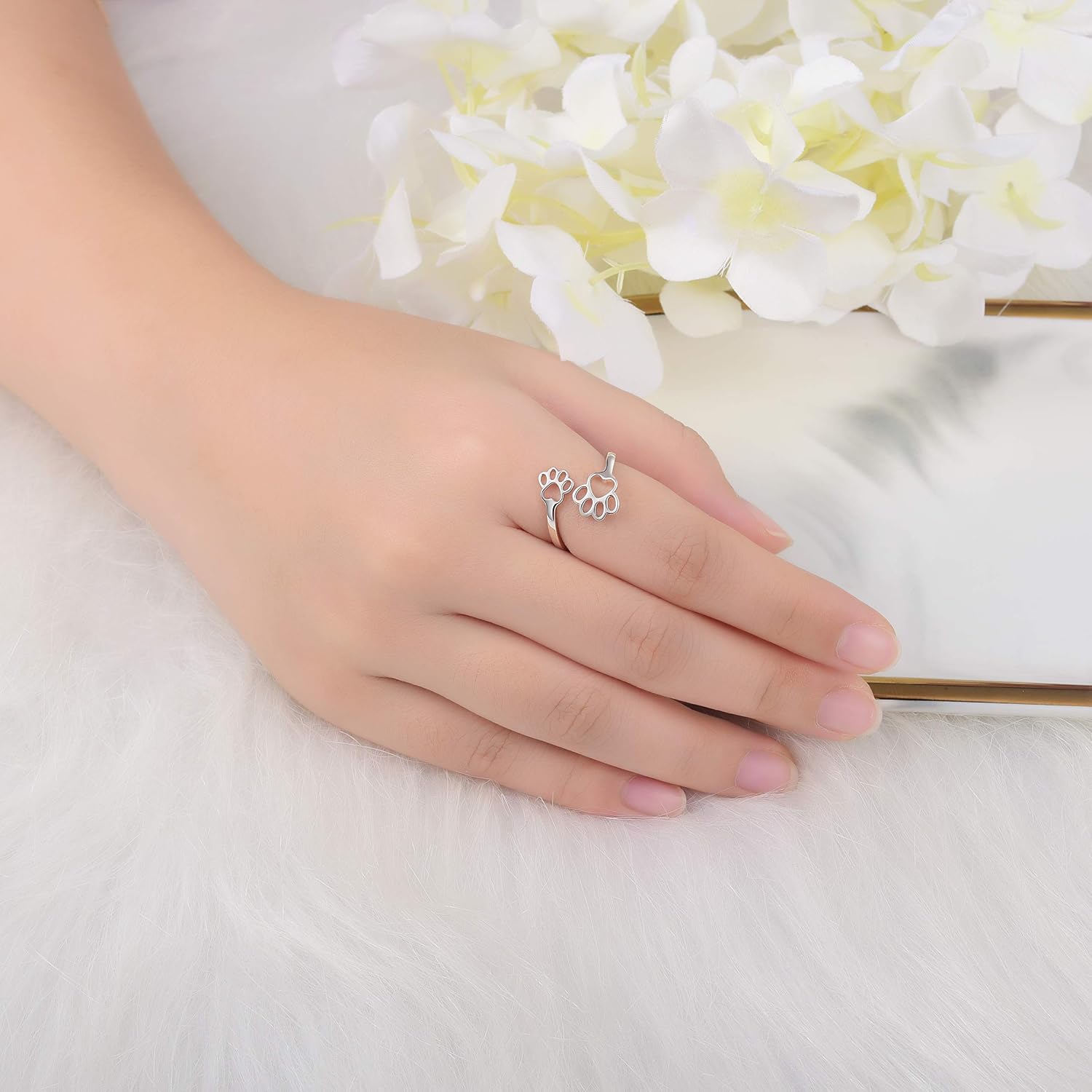 Fookduoduo 925 Sterling Silver Paw Print Love Heart Ring Pet Animal Jewelry Lovers Open Adjustable Ring Dog Cat Claw Ring Pet Loving Friend Family Rings for Women