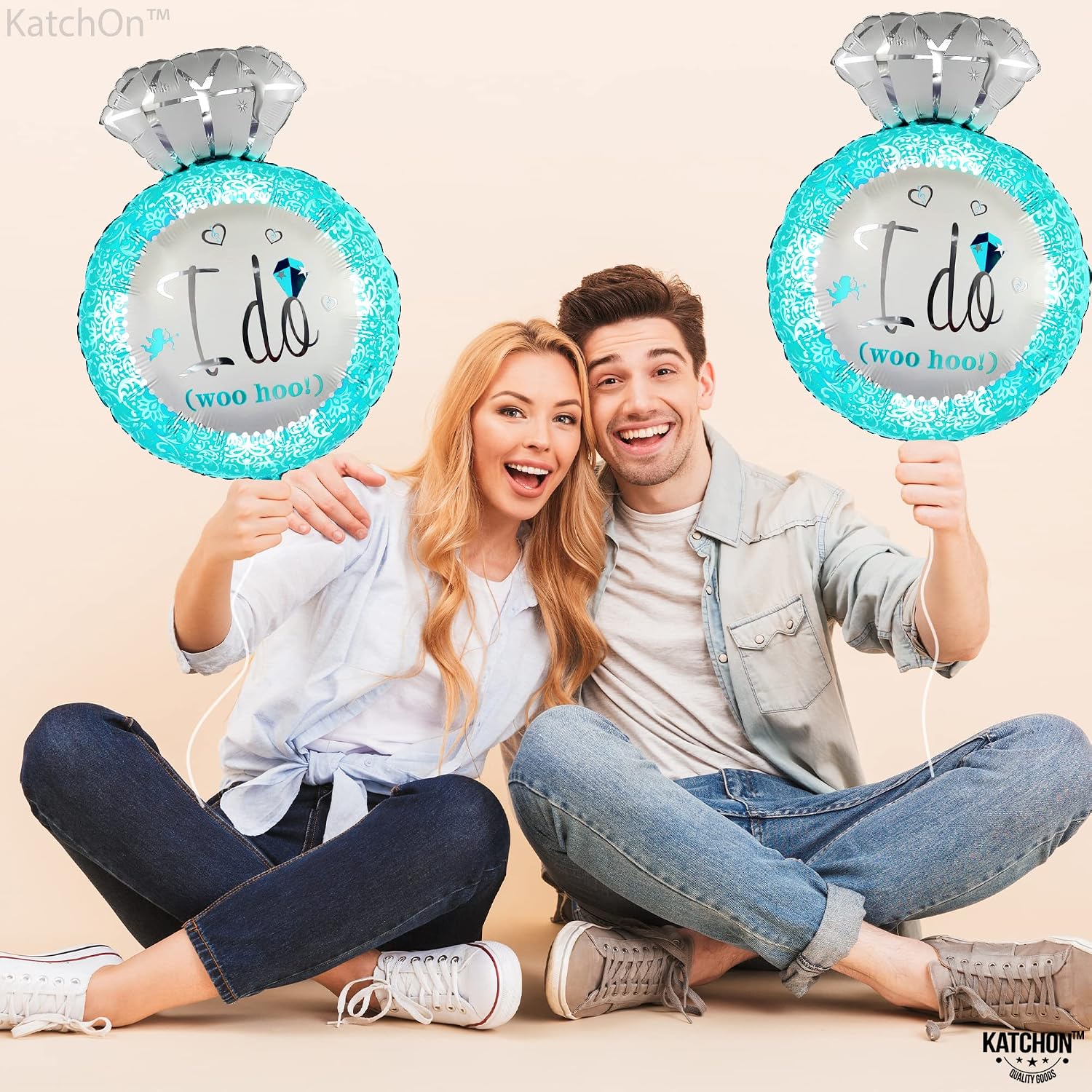 KatchOn, Blue & Silver 2-Piece Diamond Ring Balloon, 25 Inch, Engagement & Wedding Decorations, I Do BBQ Party Supplies, Unisex
