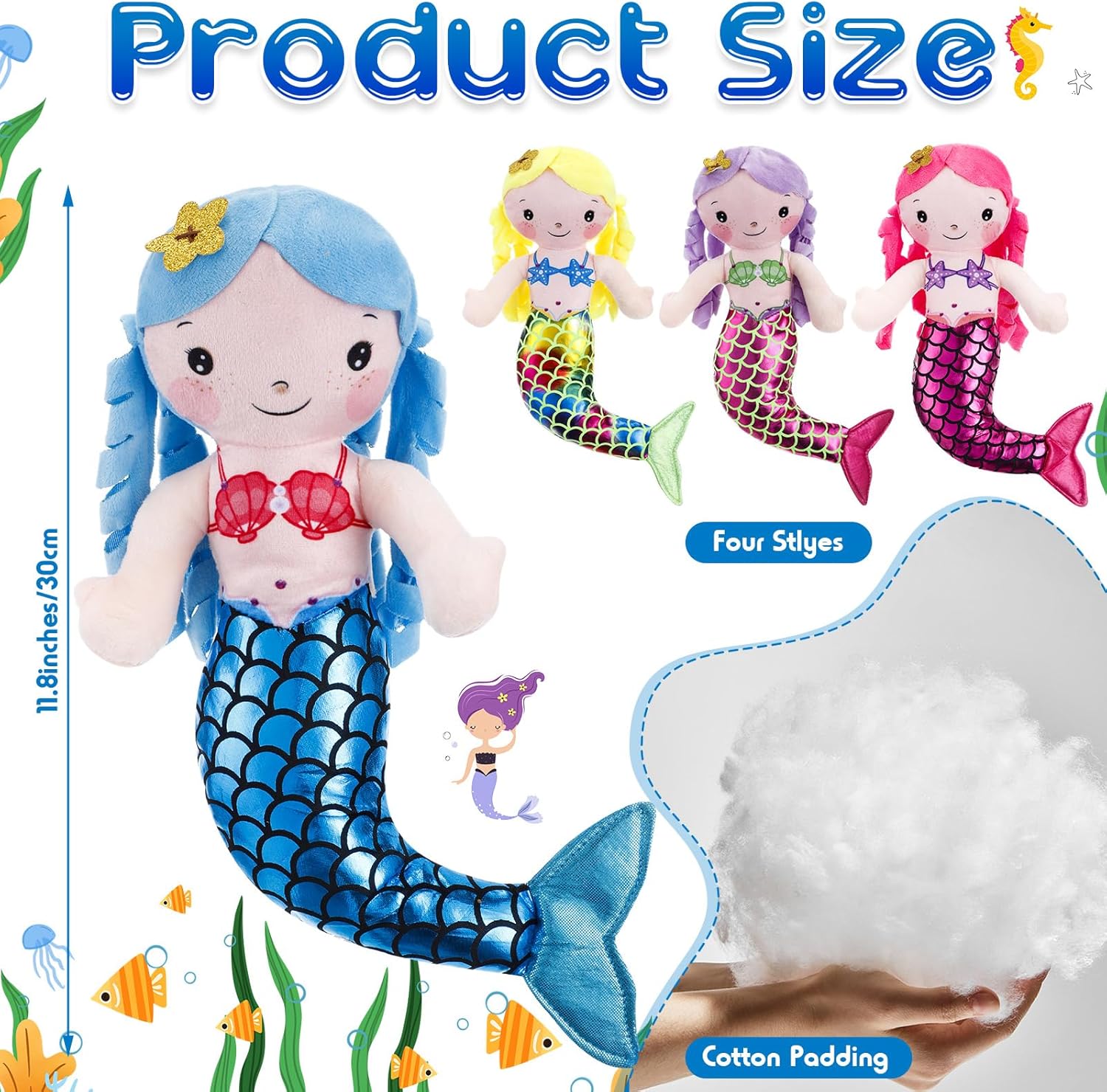 Poen 4 Pcs Mermaid Doll 11.8 Inch Mermaid Soft Rag Stuffed Doll Princess Plush Toy for Kids Girls Birthday Party Decorations