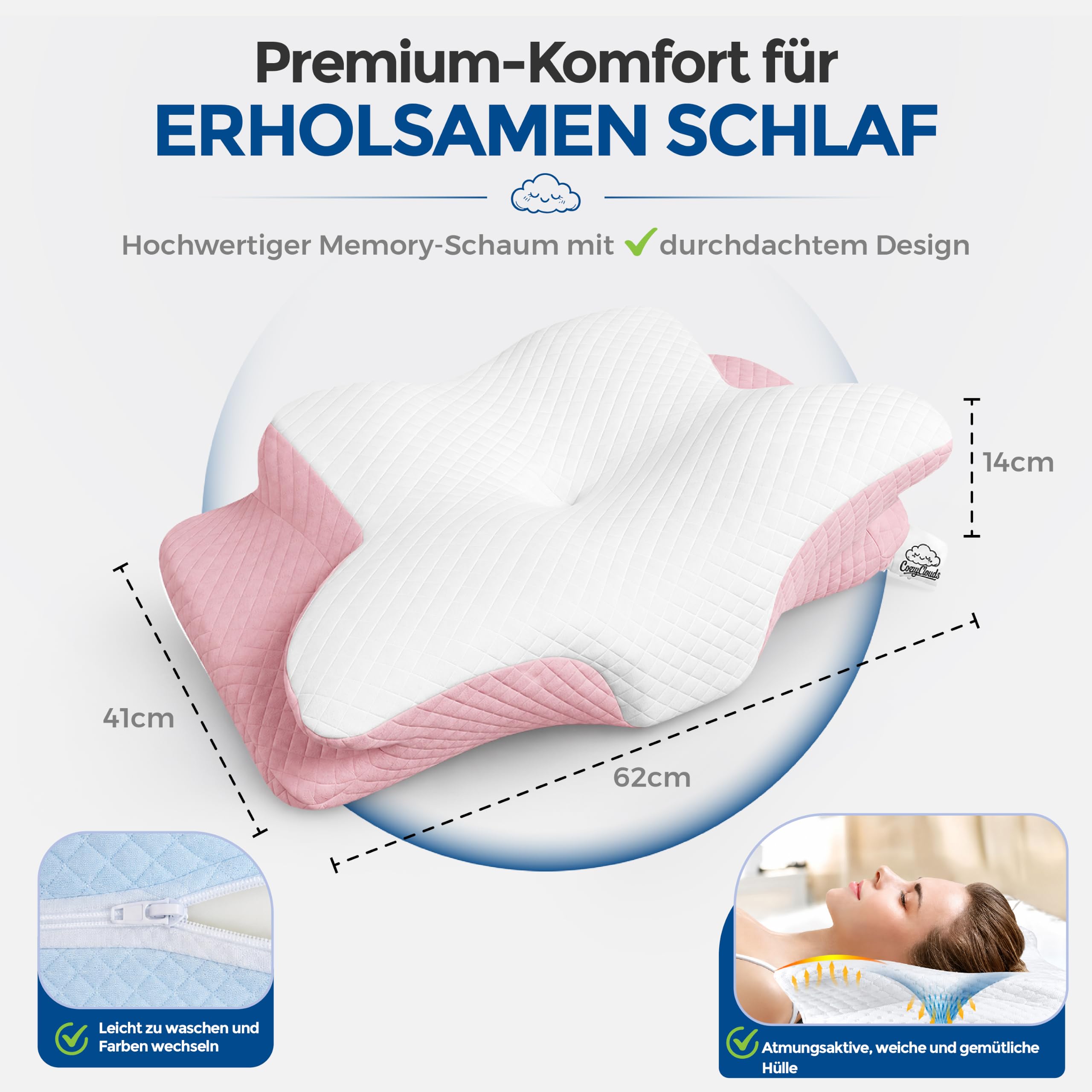 Ergonomisches Memory Schaum Kopfkissen Nackenstützkissen Seitenschläferkissen Kühlend Rosa