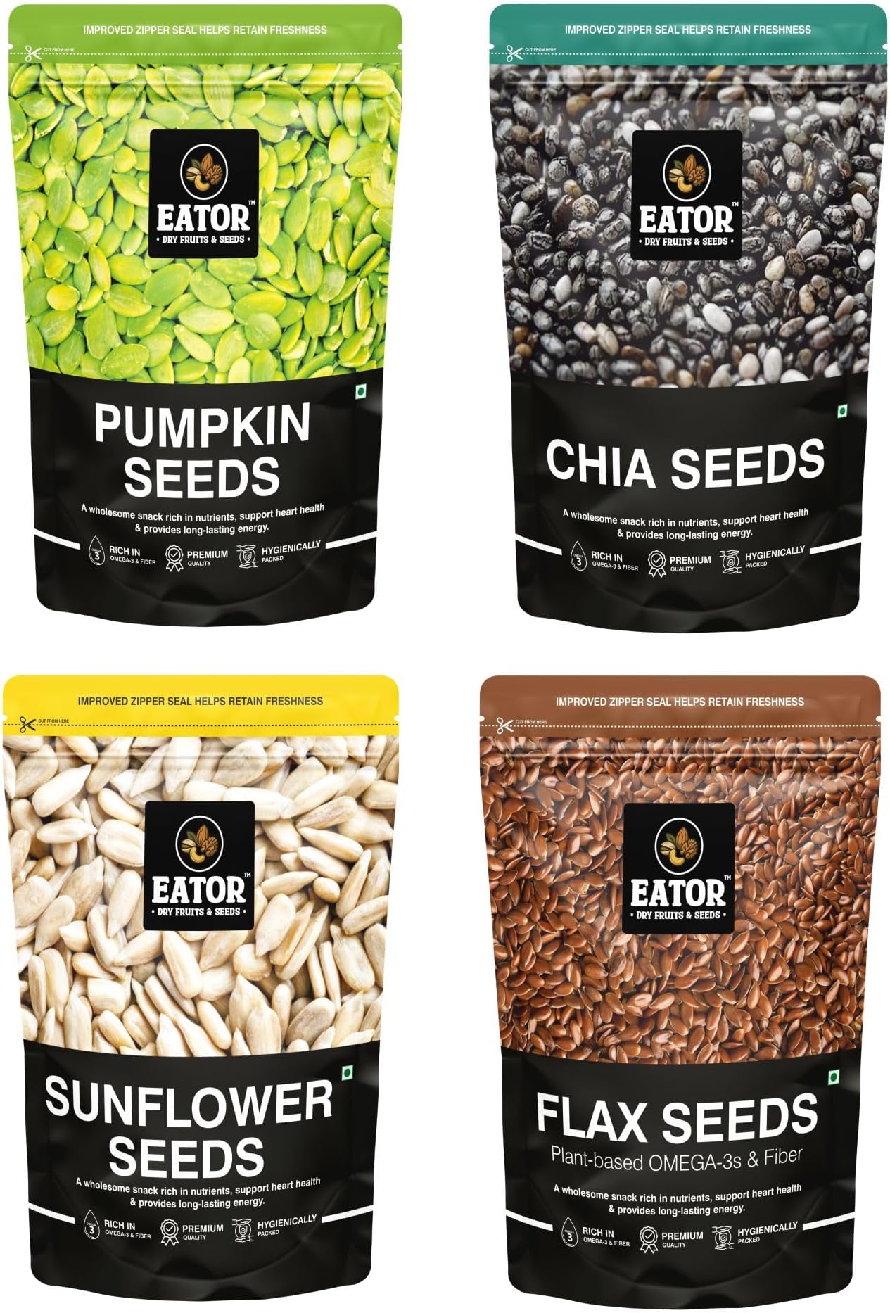 Eator Raw Edible Seeds Combo Pack of 4, Pumpkin, Sunflower, Chia & Flax Seeds, 200g (50g Each) | For Weight Loss, Glowing Skin and Strong Hair | High in Protein, Fibre, Calcium, Iron, Zinc, Magnesium and Omega-3