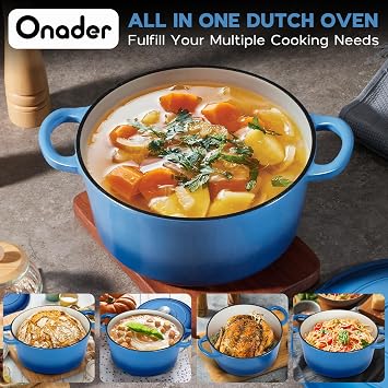 Onader Enameled Cast Iron Dutch Oven Pot with Lid, 5 Quart Round Dutch Oven for Bread Baking, Heavy Duty & Non Toxic - Blue