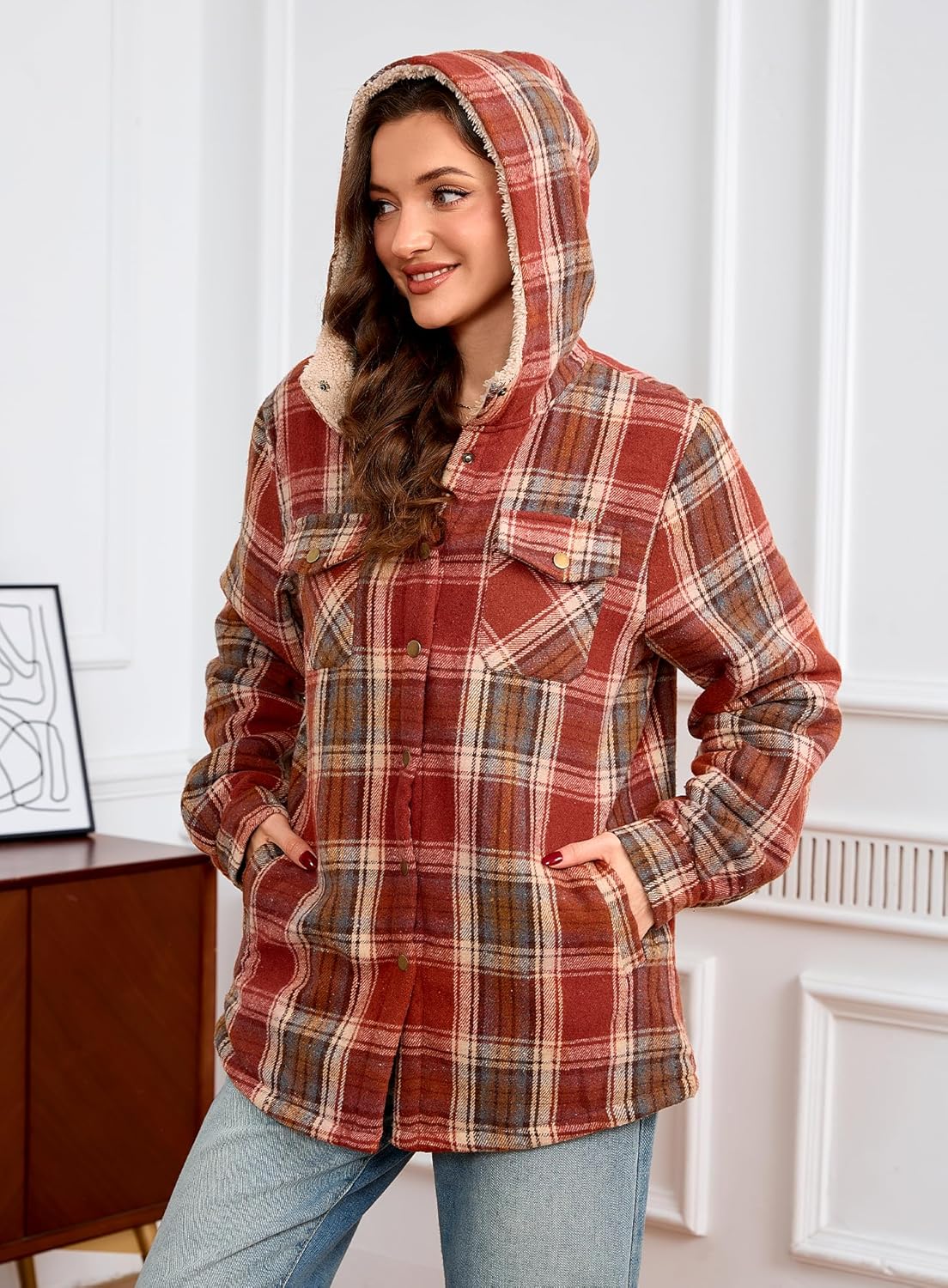 Elesuit Women's Fleece Flannel Jacket Plaid Sherpa Lined Jacket Long Sleeve Button Down Hooded Jackets for Women - Image 6