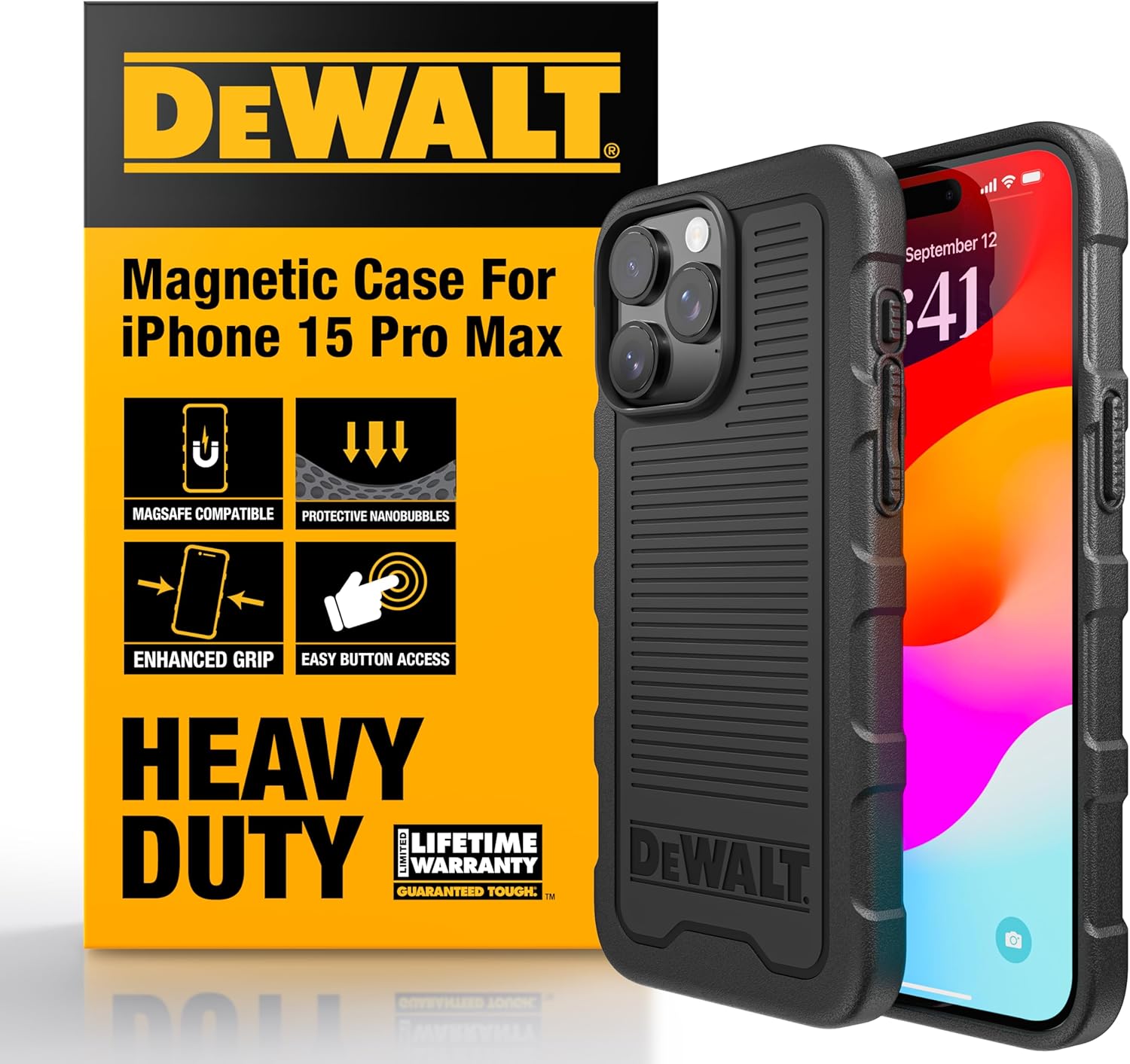 DEWALT Heavy Duty Strong Magnetic for iPhone 15 Pro Max Case, Fits MagSafe, Drop Resistant, Impact Protective Back Cover, Shockproof Slimfit for iPhone 15 ProMax Phone Case, Matte Black