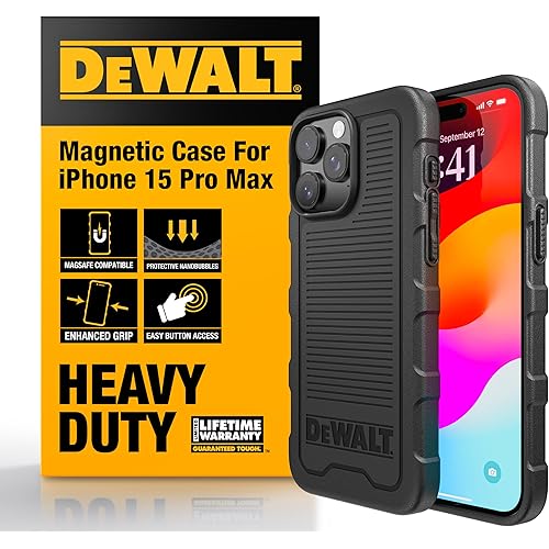 DEWALT Heavy Duty Strong Magnetic for iPhone 15 Pro Max Case, Fits MagSafe, Drop Resistant, Impact Protective Back Cover, Shockproof Slimfit for iPhone 15 ProMax Phone Case, Matte Black