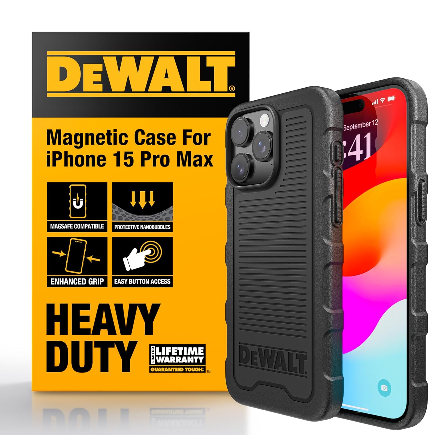 DEWALT Heavy Duty Strong Magnetic for iPhone 15 Pro Max Case Fits MagSafe Drop Resistant Impact Protective Back