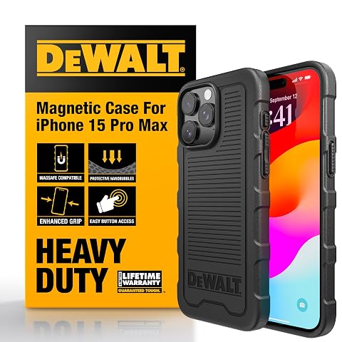 DEWALT Heavy Duty Strong Magnetic for iPhone 15 Pro Max Case Fits MagSafe Drop Resistant Impact Protective Back