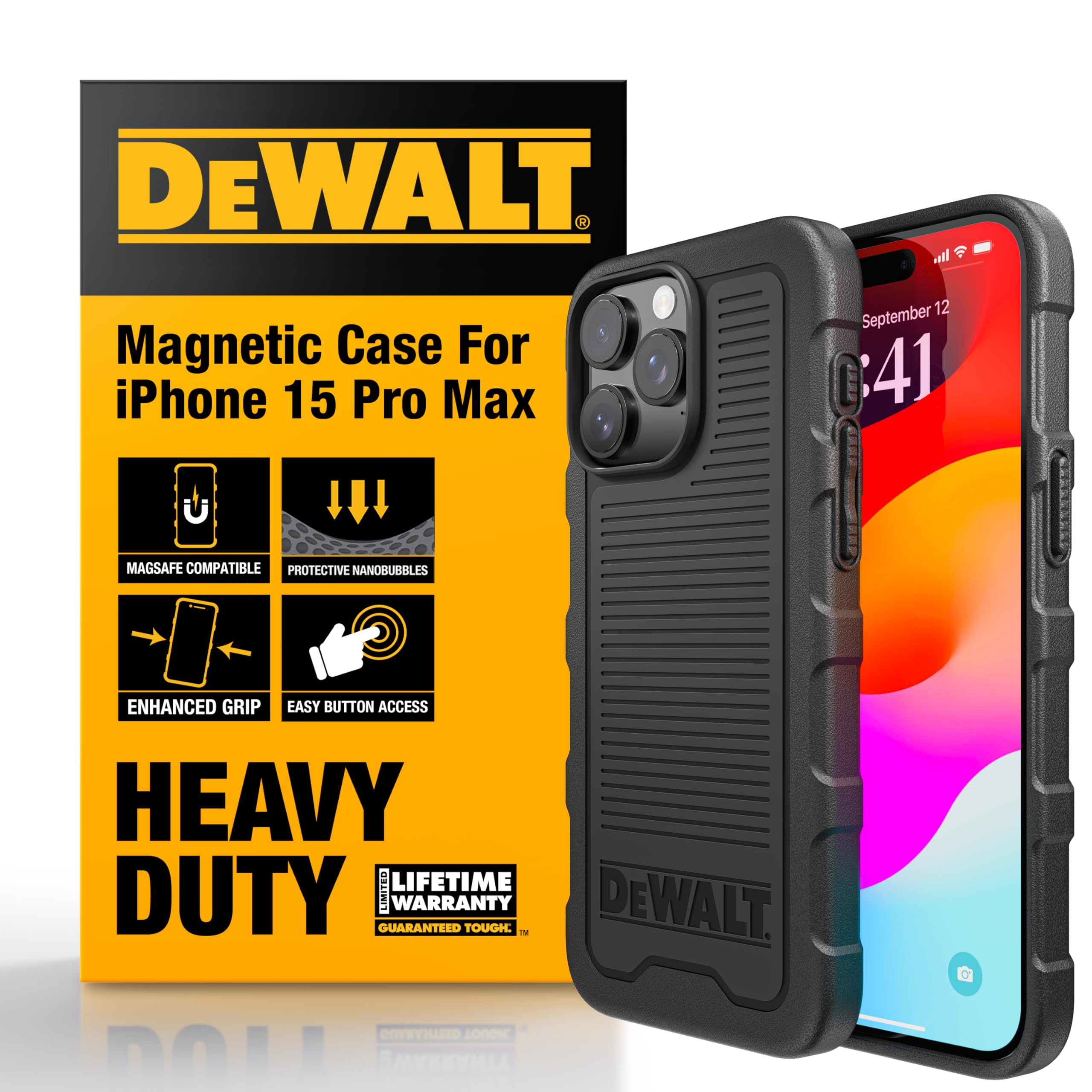 DEWALT Heavy Duty Strong Magnetic for iPhone 15 Pro Max Case, Fits MagSafe, Drop Resistant, Impact Protective Back Cover, Shockproof Slimfit for