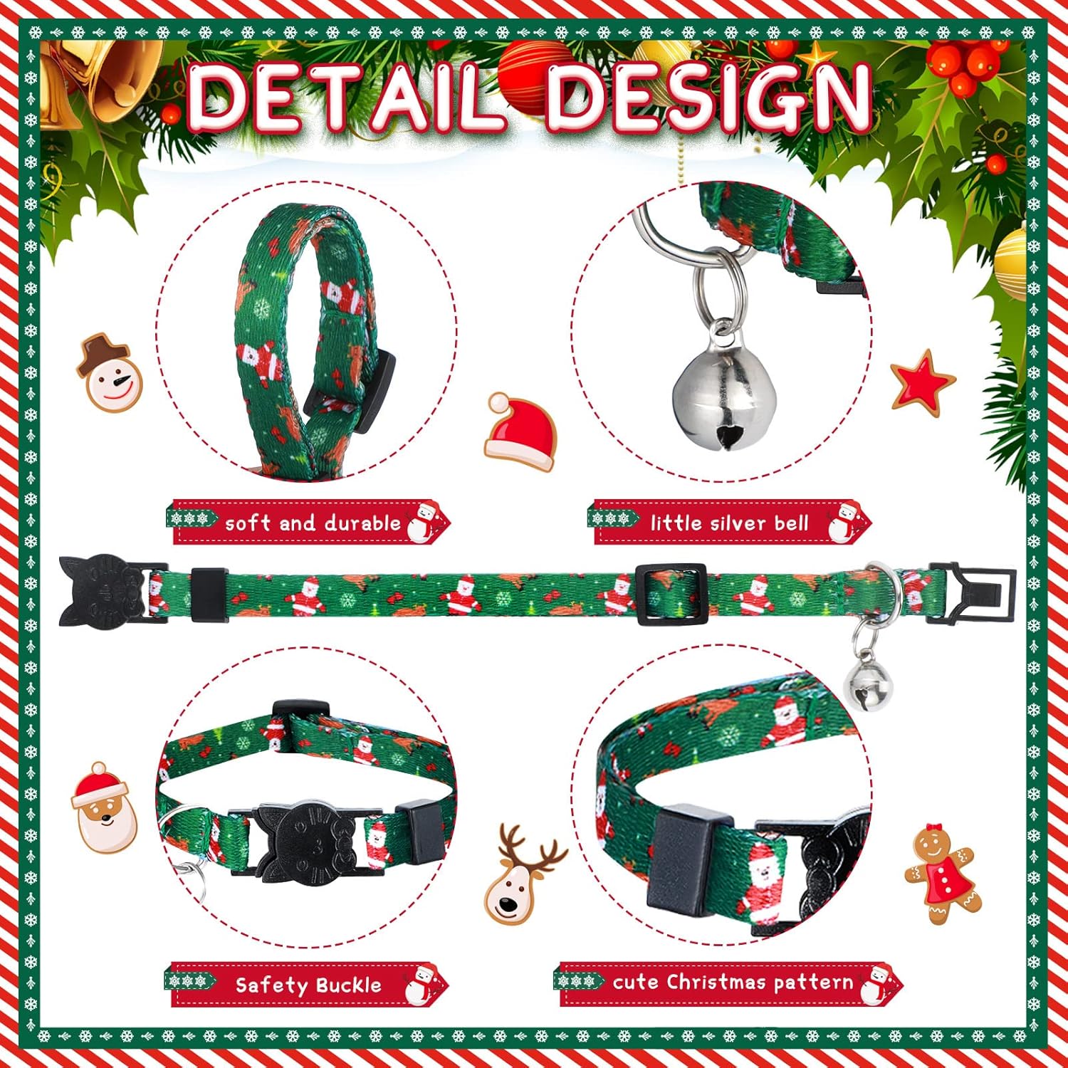 Weewooday 12 PCS Christmas Cat Collar Breakaway Santa Kitten Collars with Bell Adjustable Pet Collar with Gingerbread Man Snowman Santa Claus Elk Xmas Tree Cat Collar for Holiday Cat Festival Party